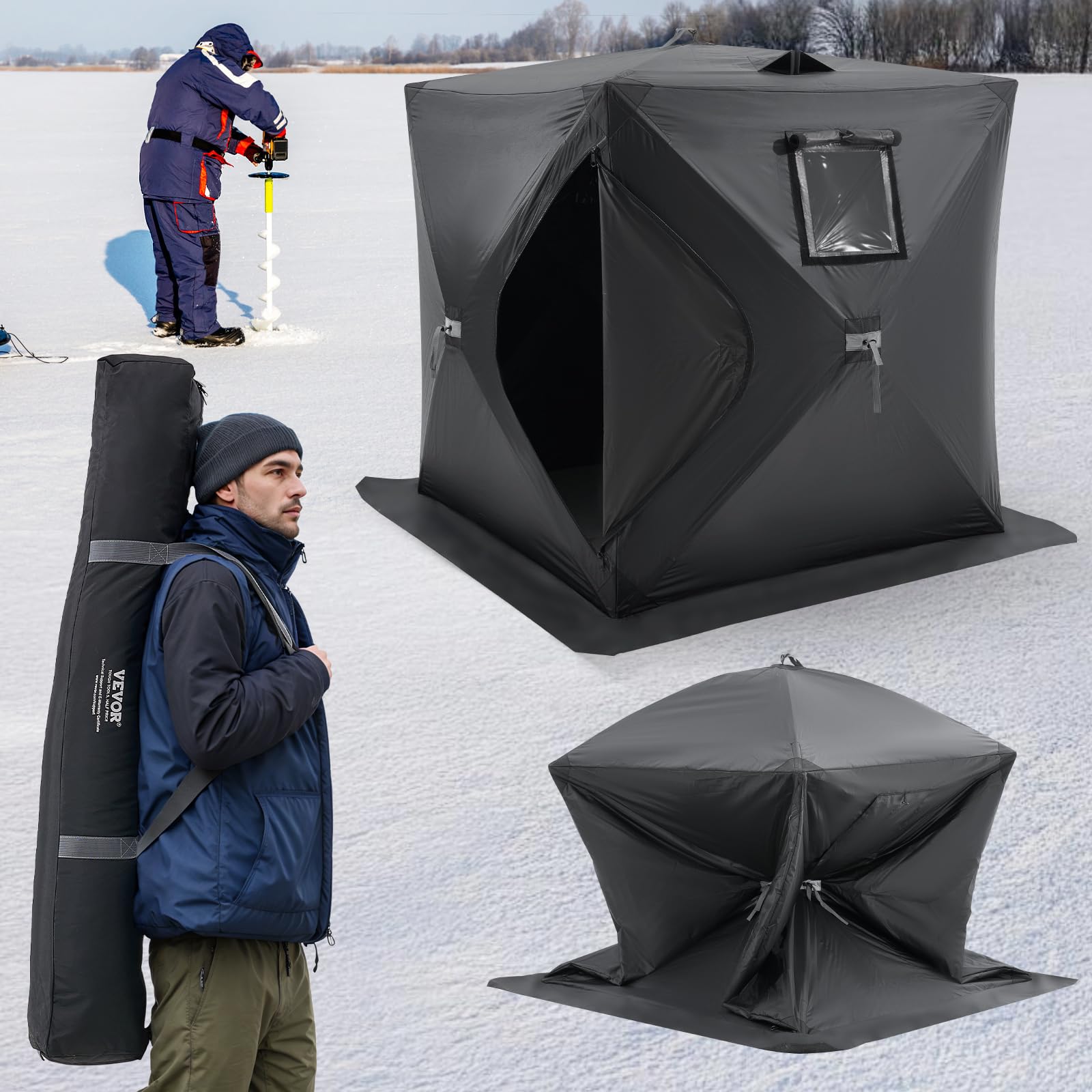 VEVOR Portable Pop-Up Ice Fishing Tent, 1-8 Person Insulated Ice Shelter, Large Fishing Area, Hub-Style Ice Shanty for Winter Fishing, Waterproof Oxford Ice Cube with Anchors/Ropes/Carrying Bag
