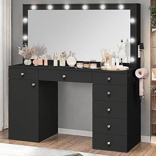 DWVO 56'' Makeup Vanity with Mirror and Lights, Large Vanity Desk with Power Outlet, 7 Drawers, Cabinet, 3 Color Modes Adjustment with 12 LED Lights, Storage Dressing Table for Bedroom, Black