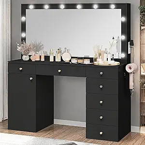 DWVO 56'' Makeup Vanity with Mirror and Lights, Large Vanity Desk with Power Outlet, 7 Drawers, Cabinet, 3 Color Modes Adjustment with 12 LED Lights, Storage Dressing Table for Bedroom, Black