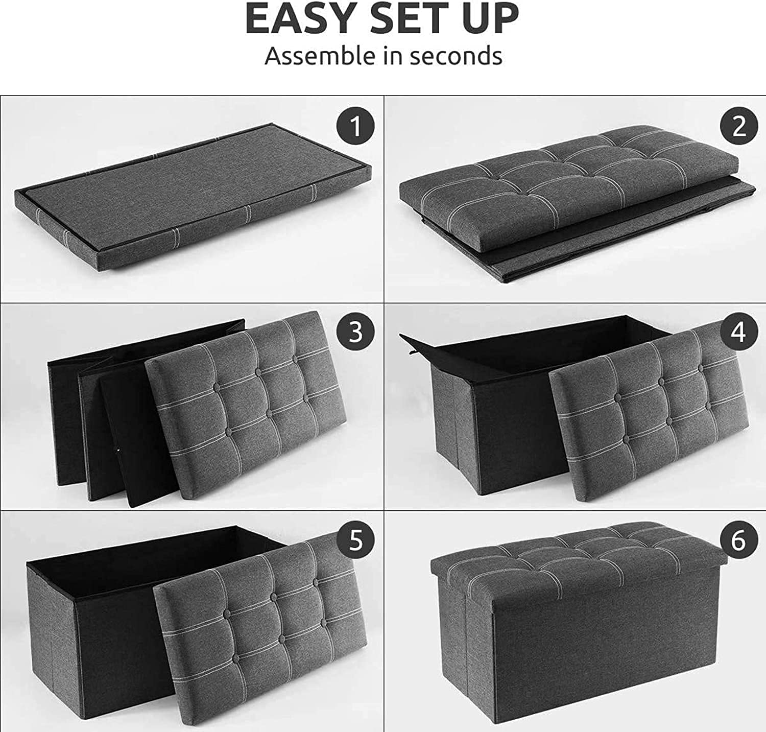 SKYFUN (LABEL) Foldable Storage Bench – Linen Fabric Shoe Bench & Footrest with Flipping Lid – Space-Saving End-of-Bed Organizer for Bedroom & Entryway (Grey, Extra Large) 2