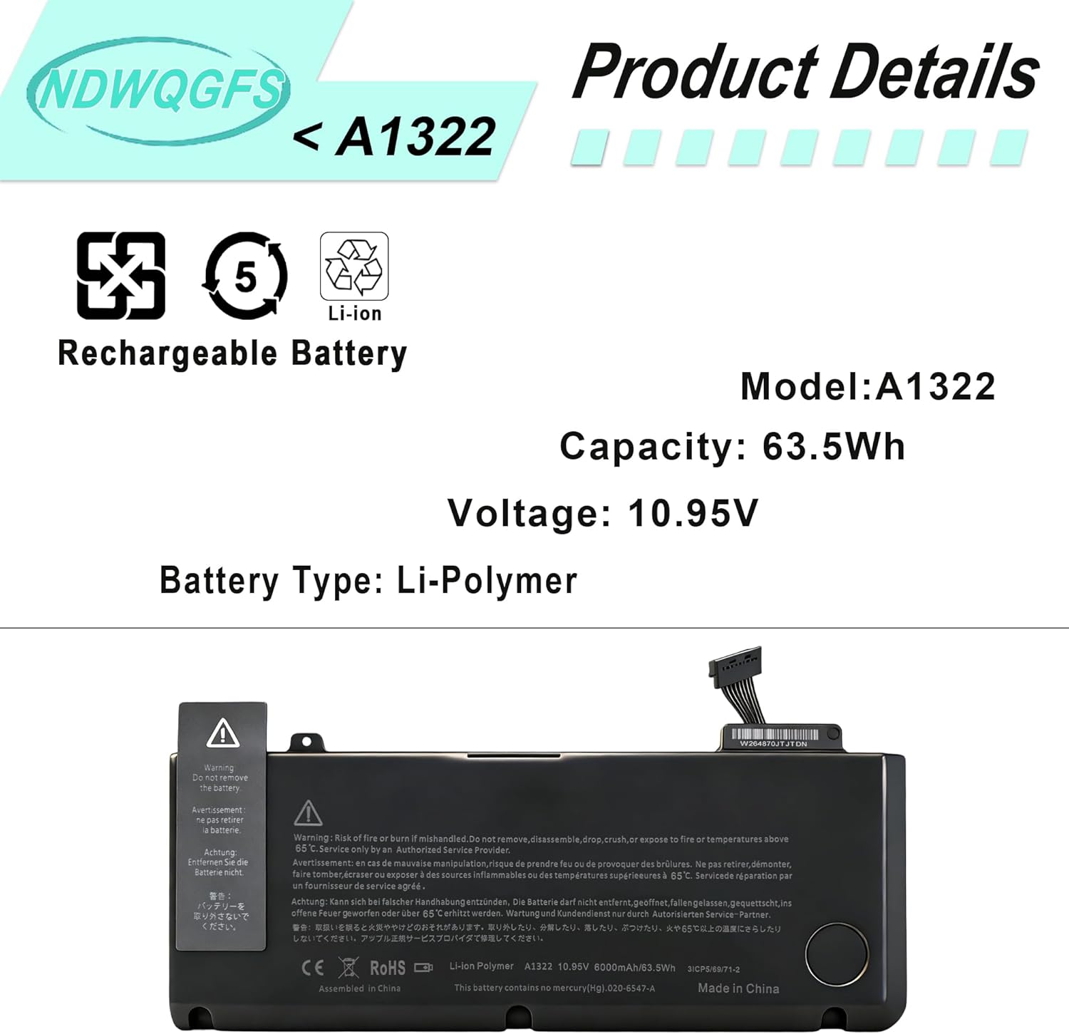 A1278 A1322 Battery Compatible with MacBook Pro 13" (Mid 2012/2010/2009, Early/Late 2011) MacBook Pro 13" 15-CS 15-DA 15-DB 15-DW Series MC700ll/A 661-5229 661-5557 020-6