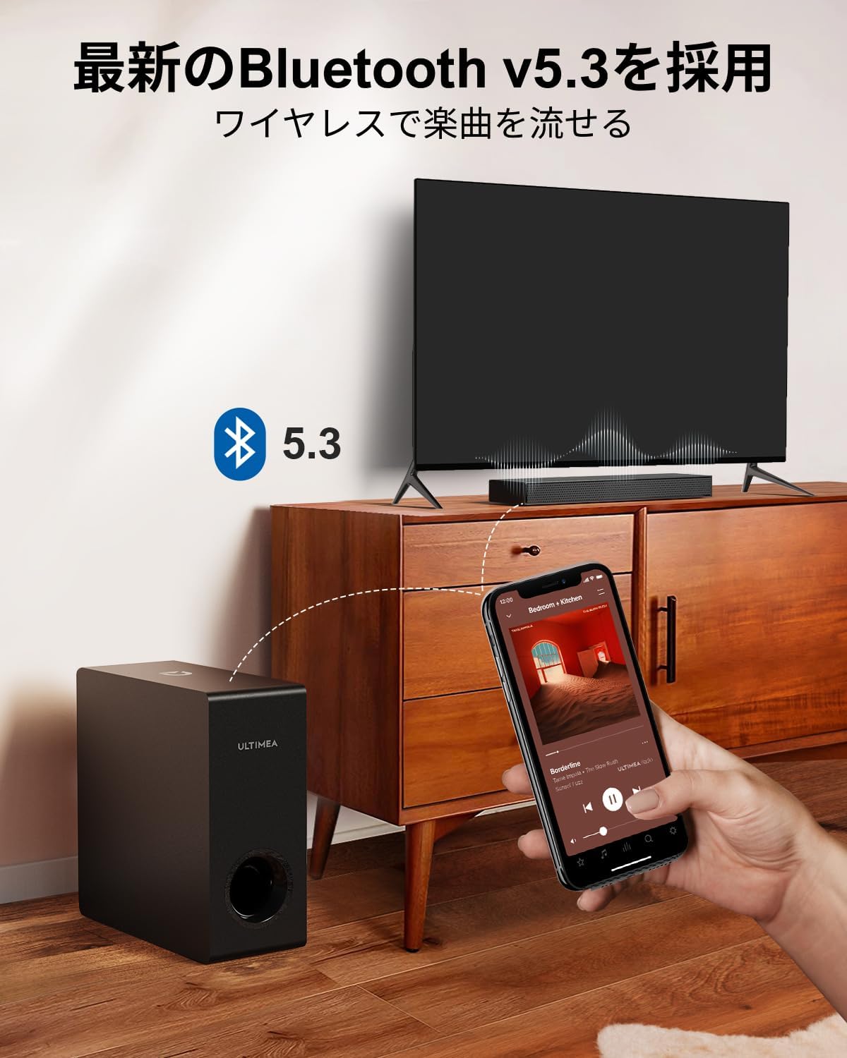 Diagram showing the compact dimensions of the ULTIMEA Nova S50 soundbar (40cm x 7.9cm x 3.8cm) and subwoofer (27cm x 11.4cm x 27cm)