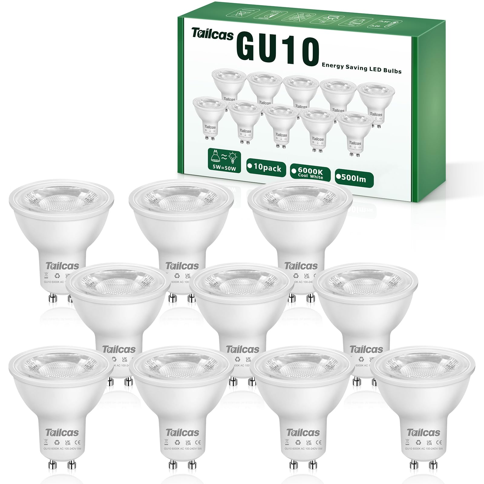 Tailcas GU10 LED Lampen Kaltweiss, 5W leuchtmittel GU10 500LM Kaltweiß 6000K, ersatz für 50W 70W Halogenlampe, Kein Flackern Nicht Dimmbar, 38° Abstrahlwinkel Spot Glühbirne,10 Stück