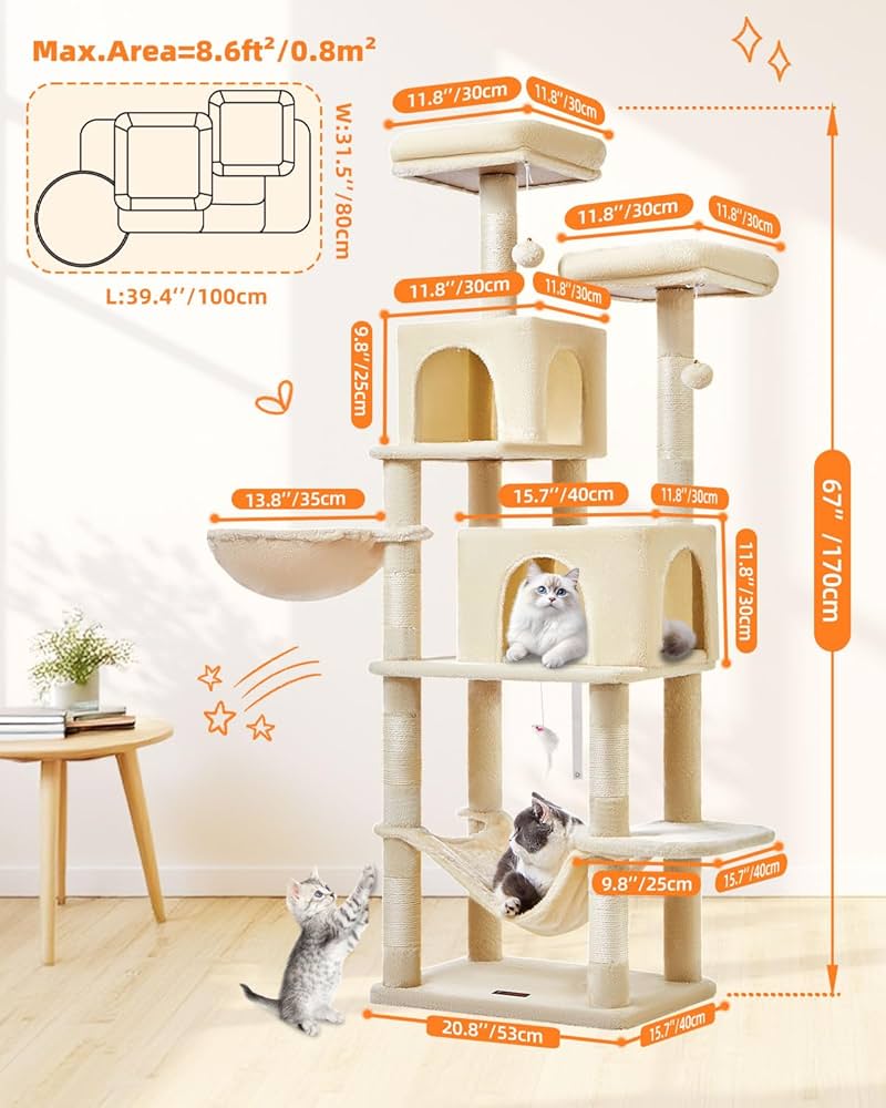 Amazon.com : Taoqimiao Cat Tree, 66.2-Inch Cat Tower for