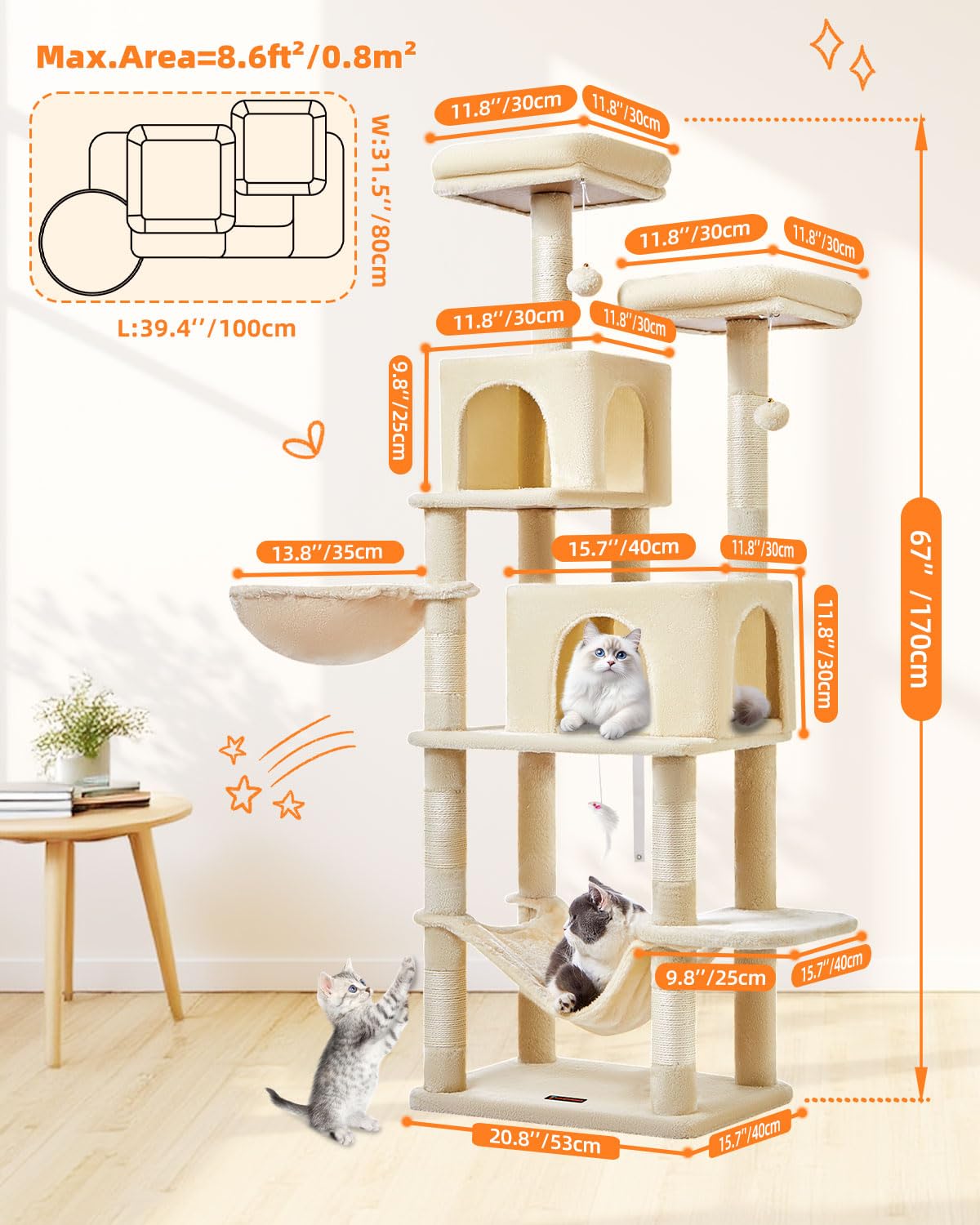 Taoqimiao Tiragraffi per Gatti, 170cm Stabile Tiragraffi per Gatti Adulti xxl con 2 Grotte, 1 Amaca,1 Cestini, 7 Pali Graffiatoi, 2 piattaforme, Materiale di Flanella Morbida, Beige MS013M