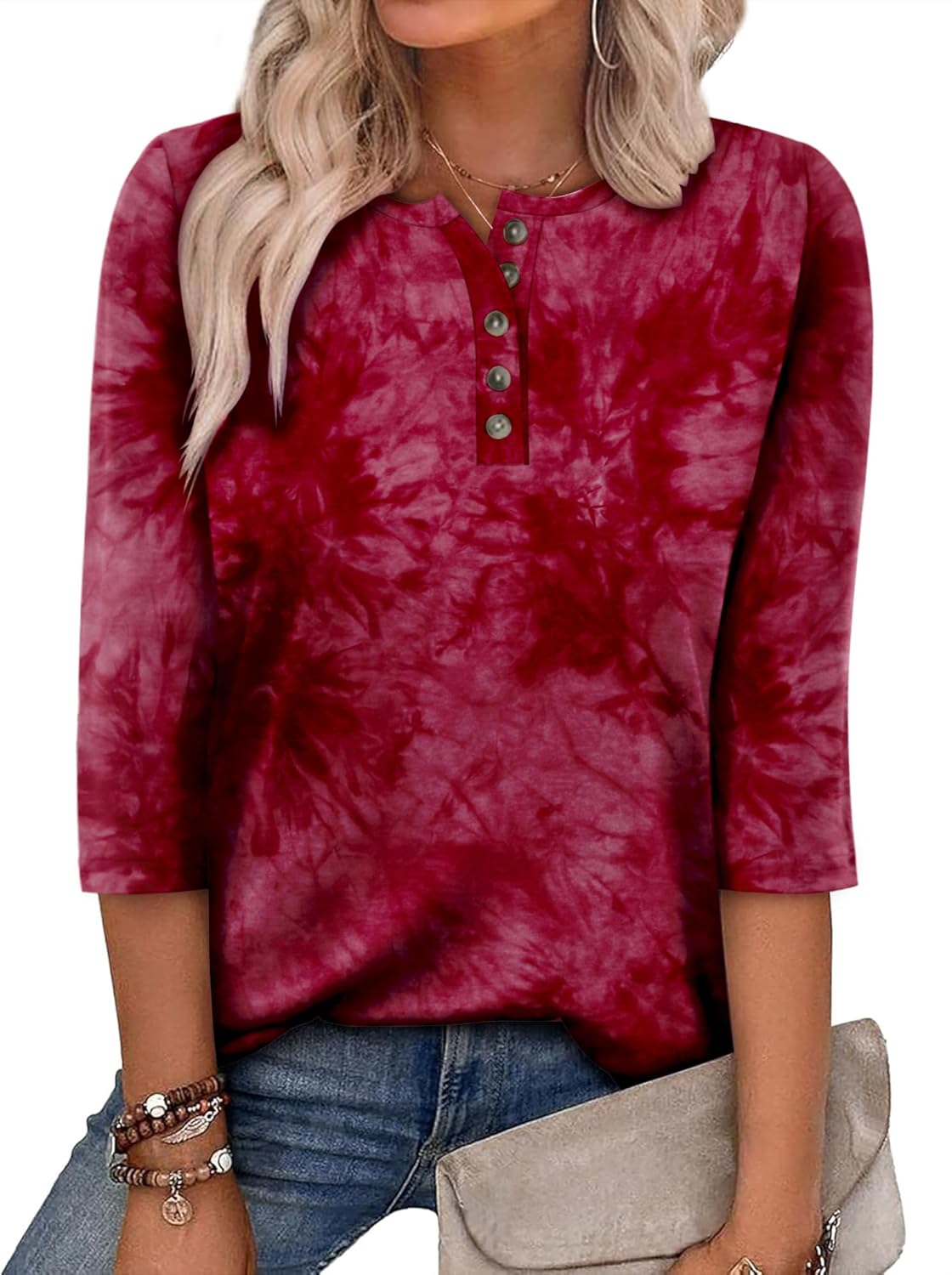 CRAZY GRID Womens Fashion 3/4 Sleeves Tops Fall Crew Neckline Loose Fitting Type Button Down Business Work T Shirts