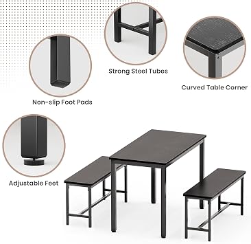 Dining Table Set for 4, Kitchen Table with 2 Benchs, Black