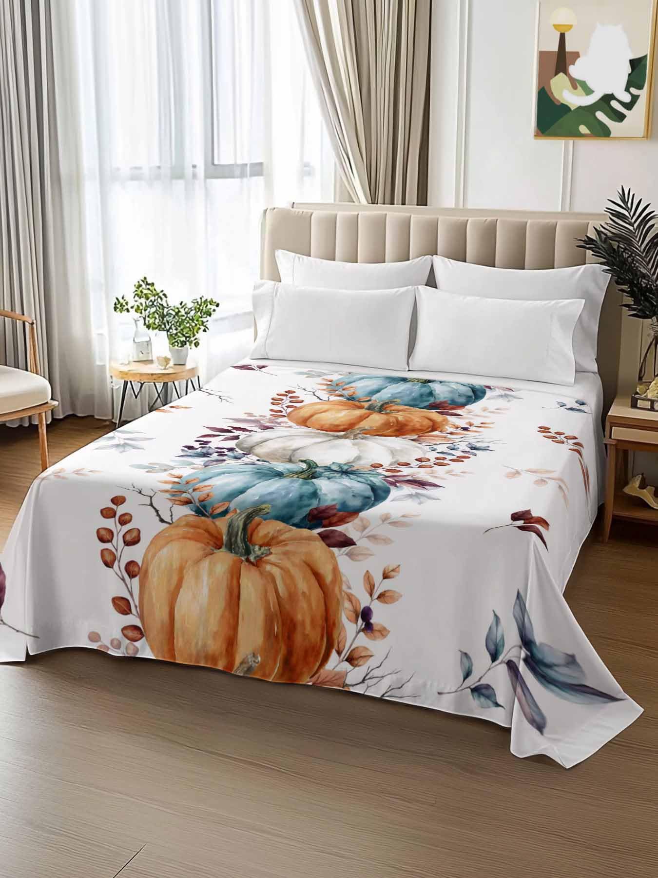 King Size Flat Sheet Only, Thanksgiving Orange Pumpkin Fall Eucalyptus Leaf Bed Top Sheet Soft Microfiber Breathable Bedding Flat Sheets, Maple Leaves Top Sheets Hotel Luxury