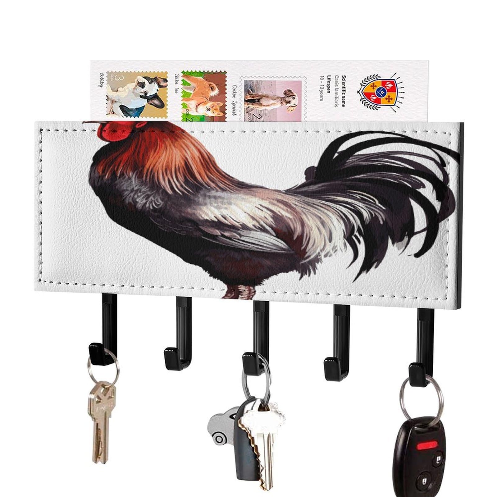 FekiLoot Rooster Key Holder Wall Mount Key Hooks for Wall Decorative with 5 Hooks PU Mail Rack Organizer with Shelf for Entryway Mudroom Hallway Office 7.1X4.3 in