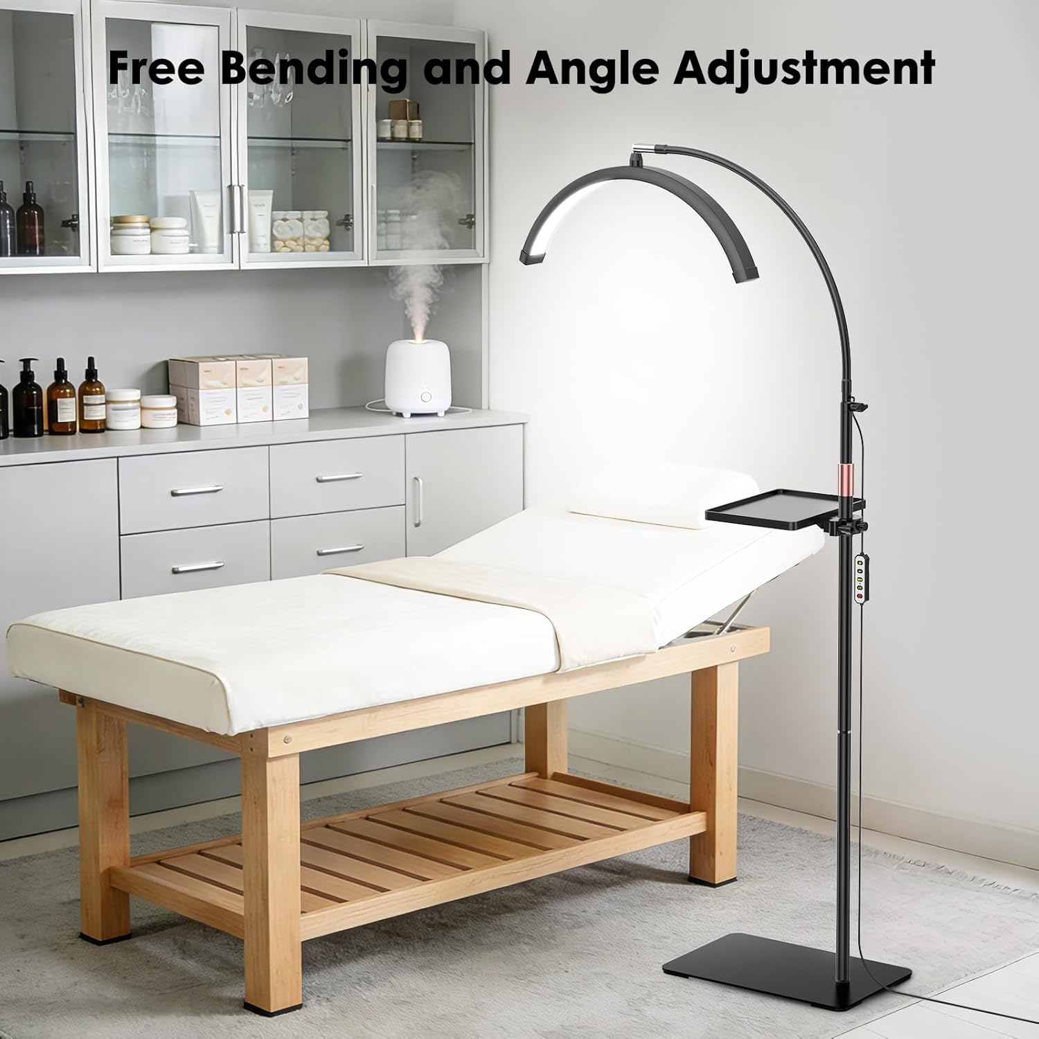 Lash Light for Eyelash Extension, Half Moon Light with Tool Tray, 2X Magnifier, Phone Holder for Nail Art, Tattoo Art, Skin Care, Floor Esthetician Lamp with Color and Brightness Adjustment