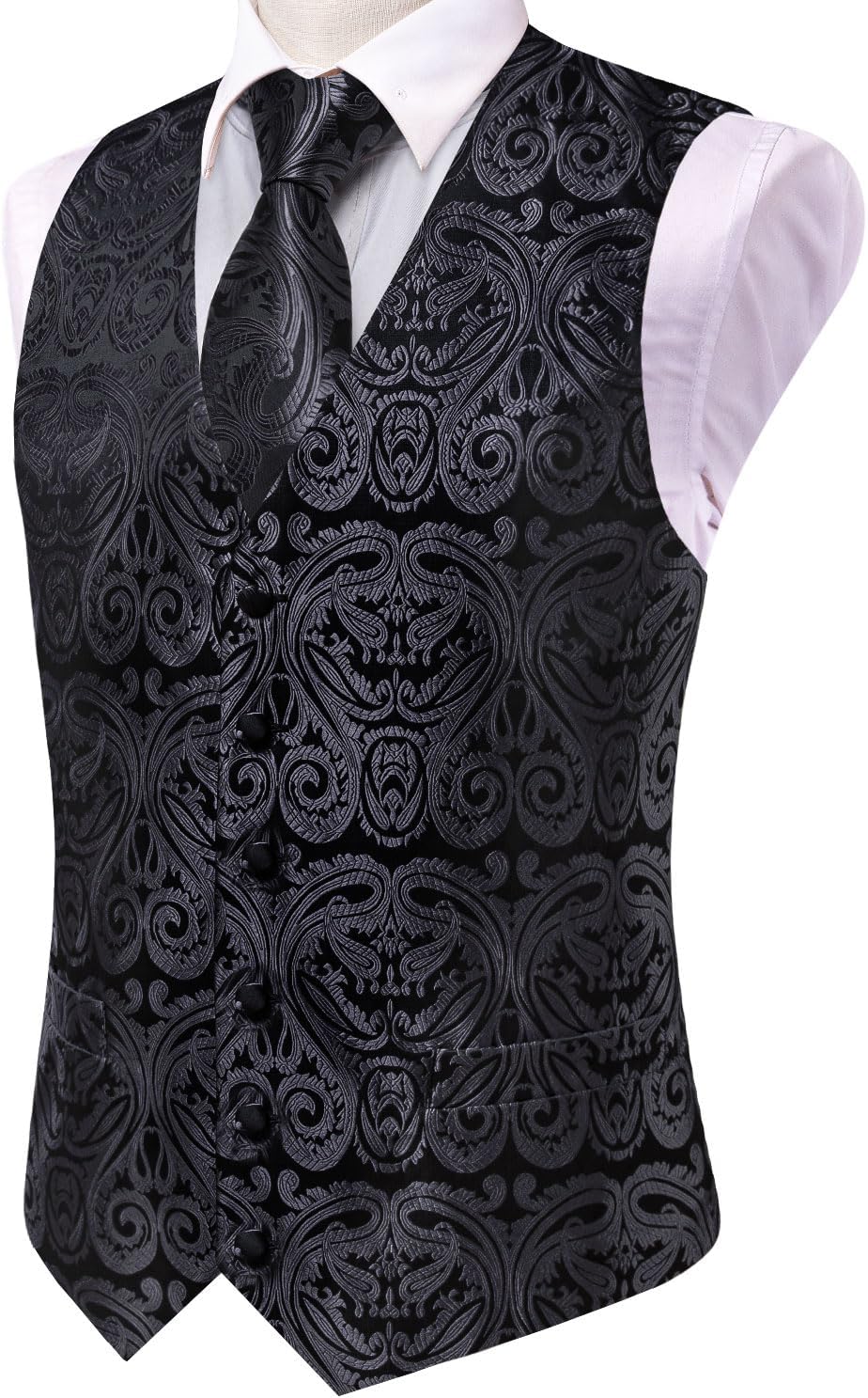 Hi-Tie 5PCS Mens Silk Suit Vests and Tie Lapel Pin Set Paisley Floral Waistcoat Necktie God Tie Clip Set Wedding Party - Image 6