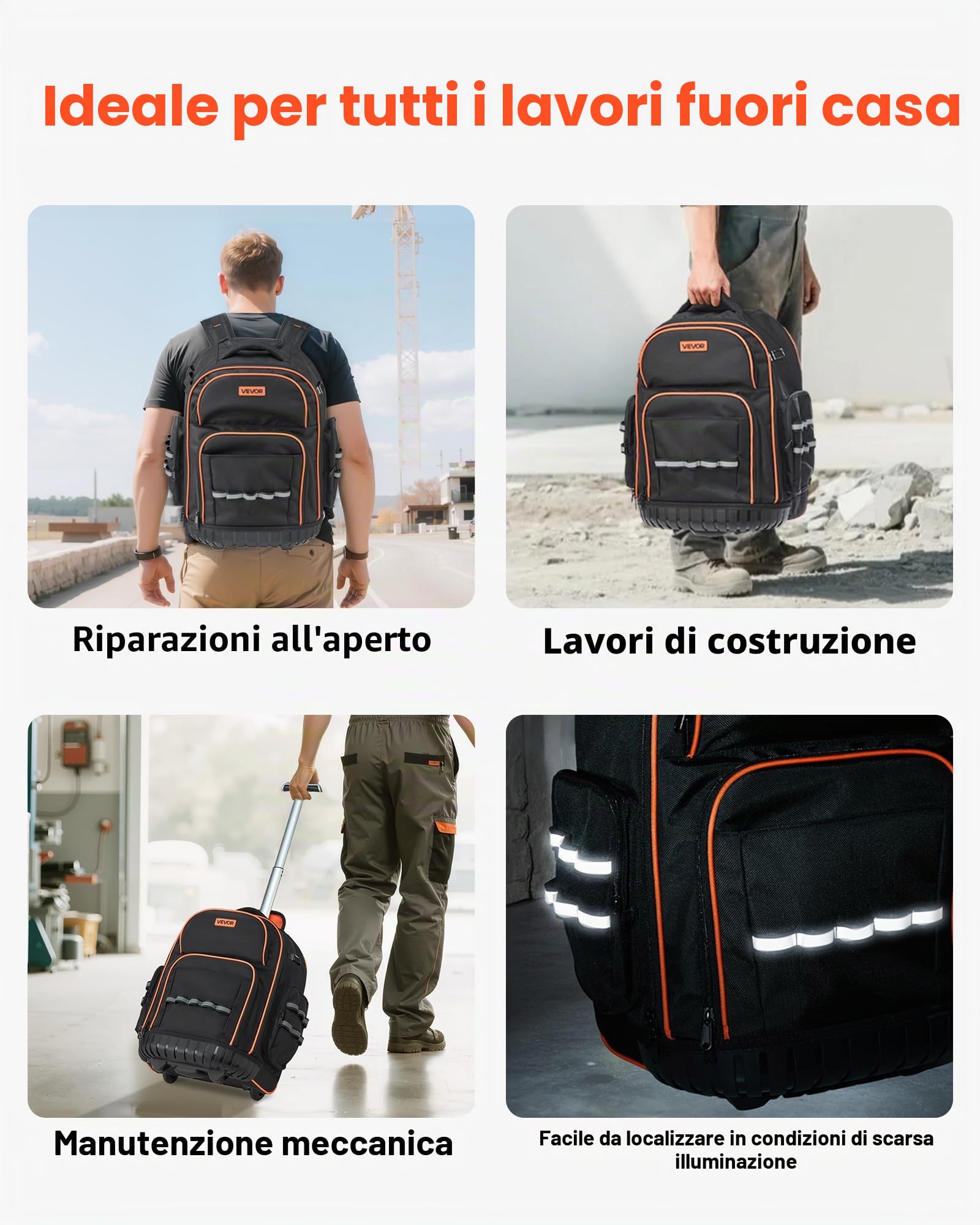 VEVOR Zaino Portautensili con Ruote, Capacità 50 kg, Borsa Portautensili con Ruote da 45 Tasche, Maniglia Telescopica Regolabile e Base Stabile, Organizzatore per Borse per Edilizia, Meccanico