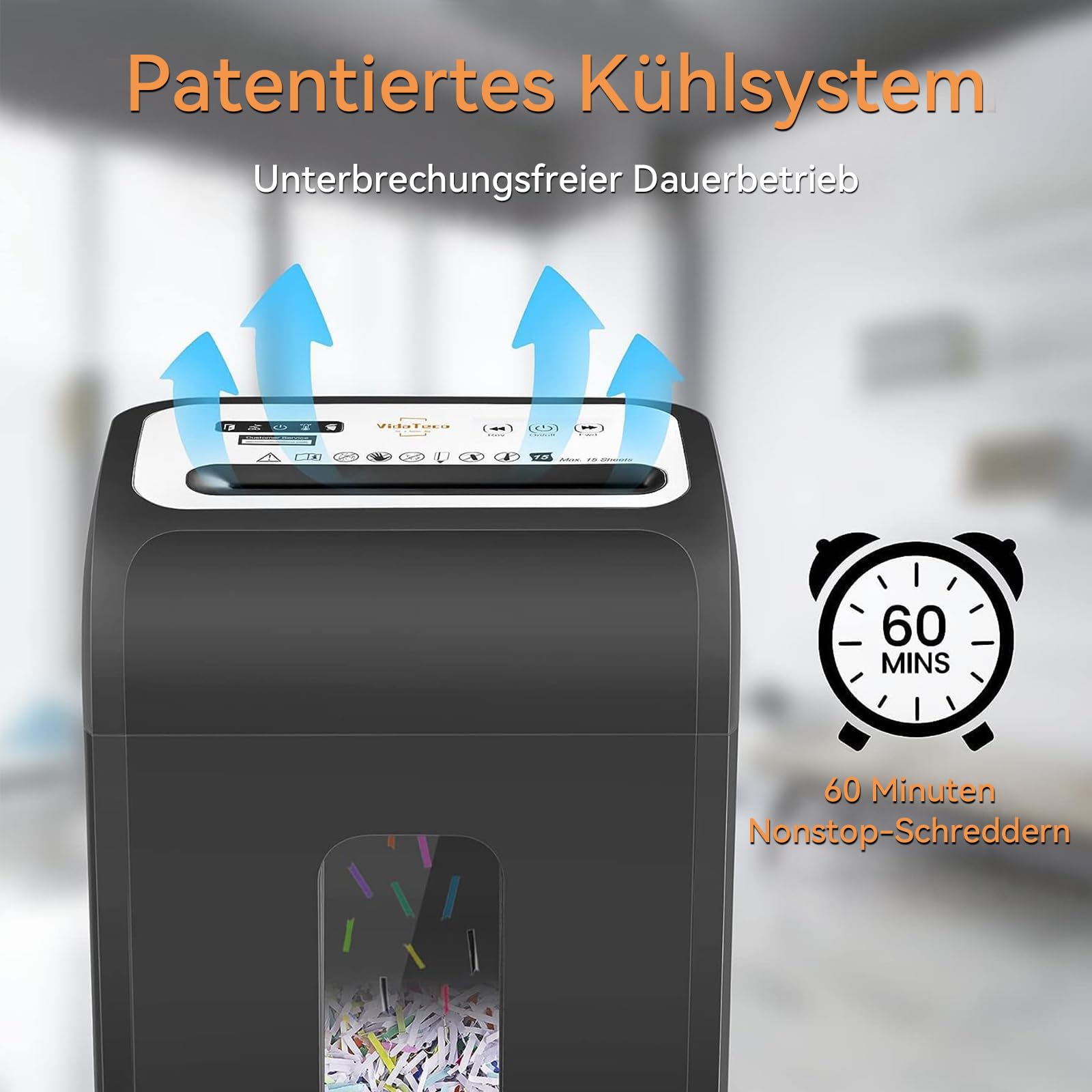 VidaTeco Aktenvernichter für Büro & Home Office – Papierschredder & Schredder mit 15 Blatt Kreuzschnitt P4, 60 Min Laufzeit, 20 Liter Papierkorb, 58dB leise