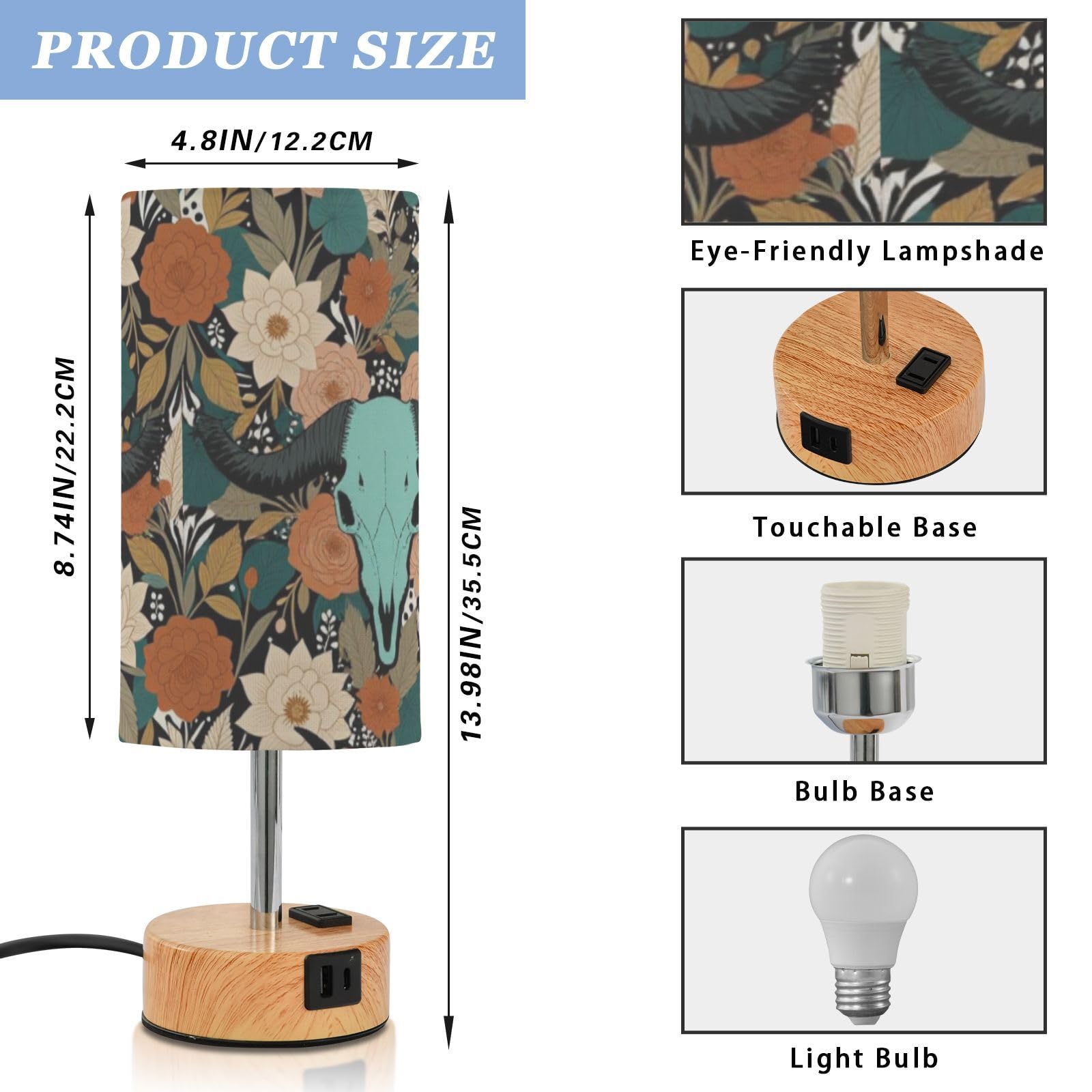 Yuiboo Mała lampa stołowa z portami USB C+A, lampka nocna
