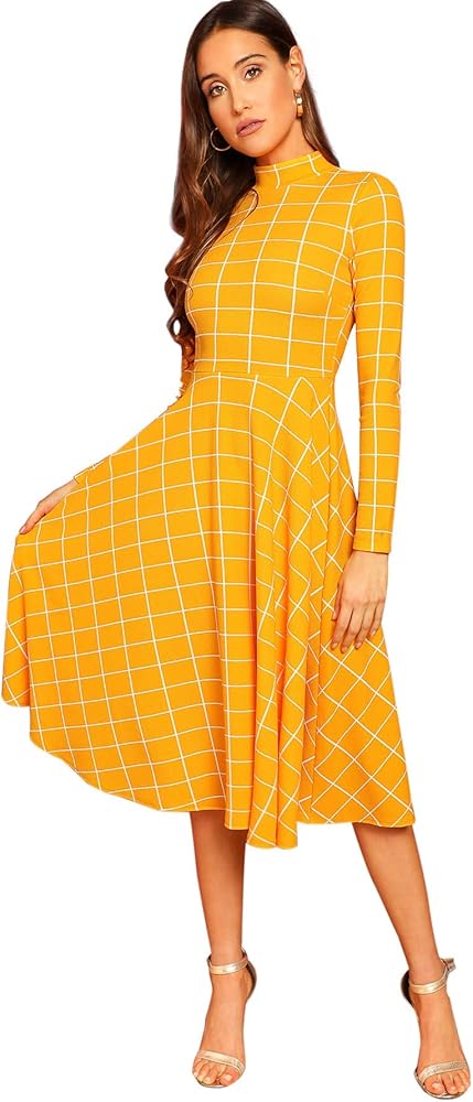 Floerns Women's Fit and Flare Plaid High Neck Long Sleeve Midi