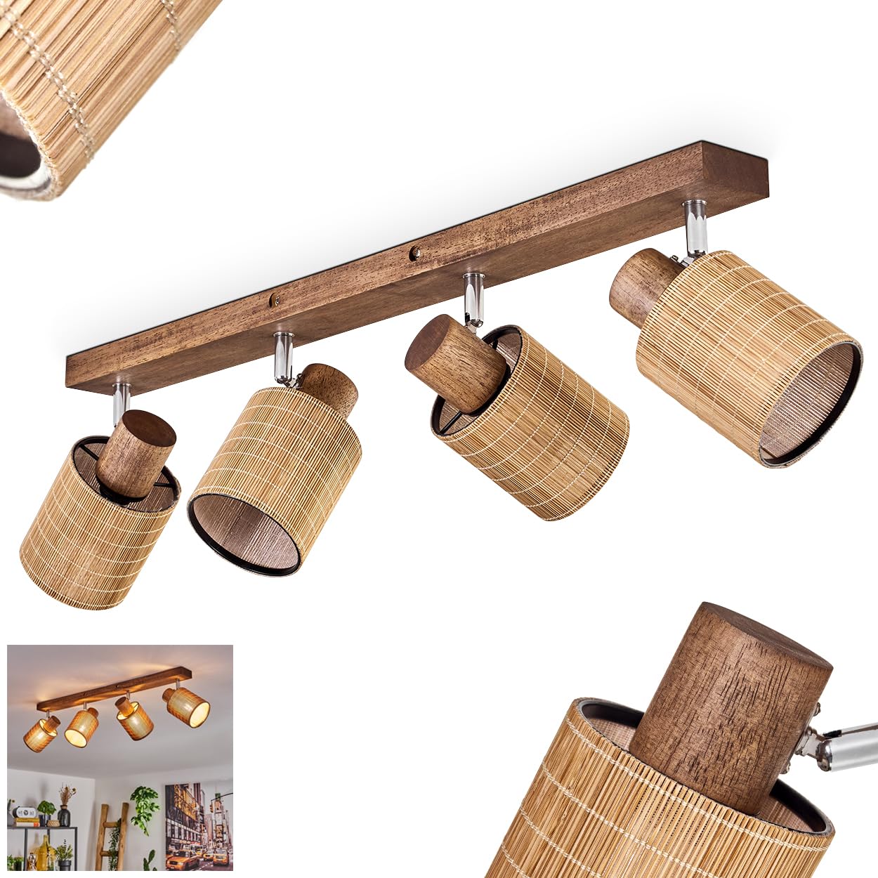 Plafoniera Kinnared, lampada da soffitto moderna in legno/metallo/bambù in marrone scuro/cromato/naturale, lampada a 4 luci in design scandinavo con faretti regolabili, 4 x E14, senza lampadine