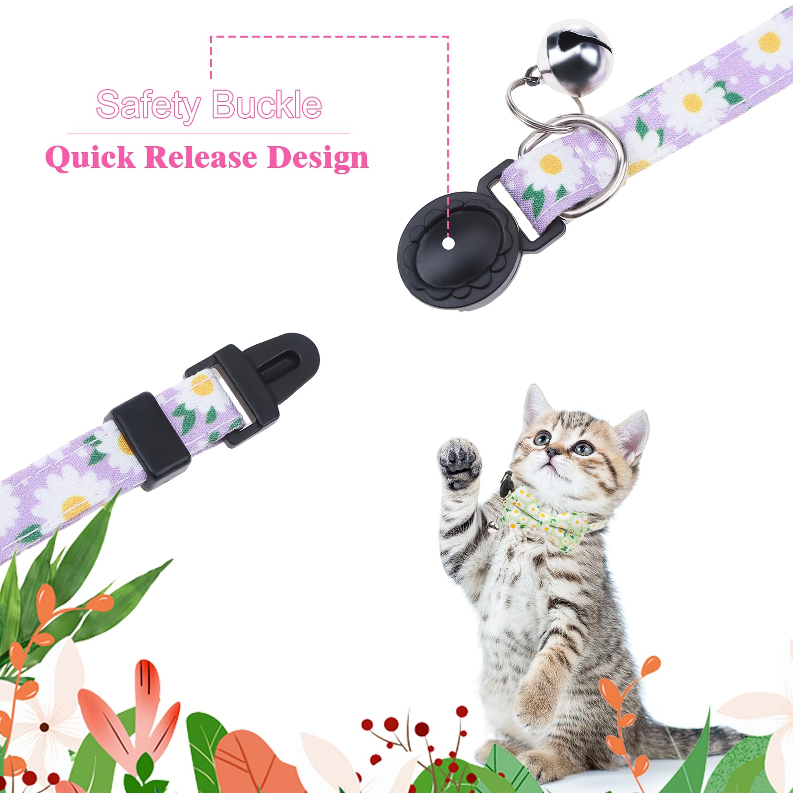 4 collares de gato separables con pajarita y campana, collar floral para gatito con pajarita extraíble, collares de seguridad ajustables para niñas y gatos