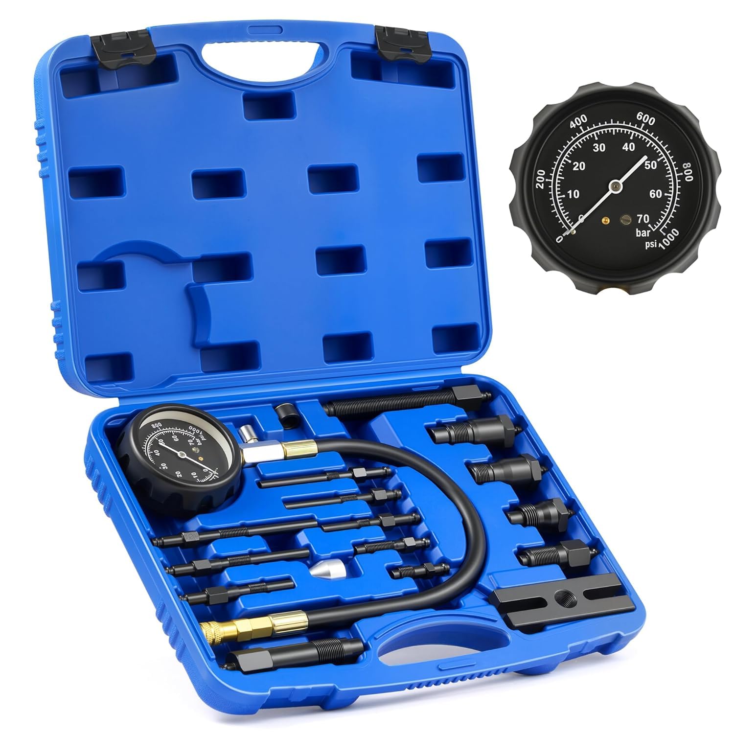 Diesel Engine Compression Tester, 18pc Compression Tester Kit for Diesel Engines, Adjustable Diesel Pressure Tester Kit with Pressure Gauge Spark Glow Plug Injector Adapters-picture-18
