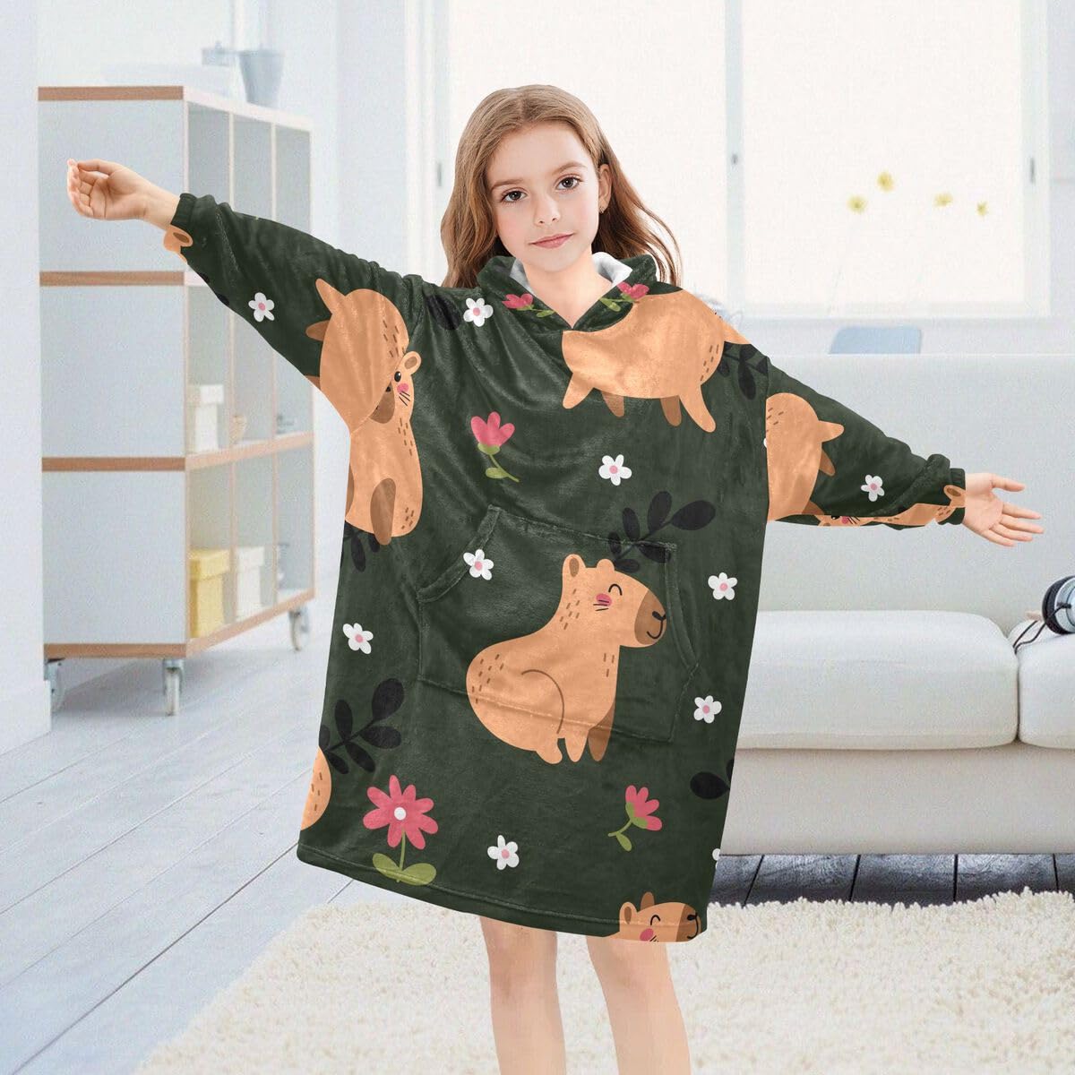 Zielona gardenia kwiaty dzieci koc do noszenia bluza z kapturem oversize bluza koc sweter kwiatowy dla chłopców dziewcząt w wieku 3-14 lat