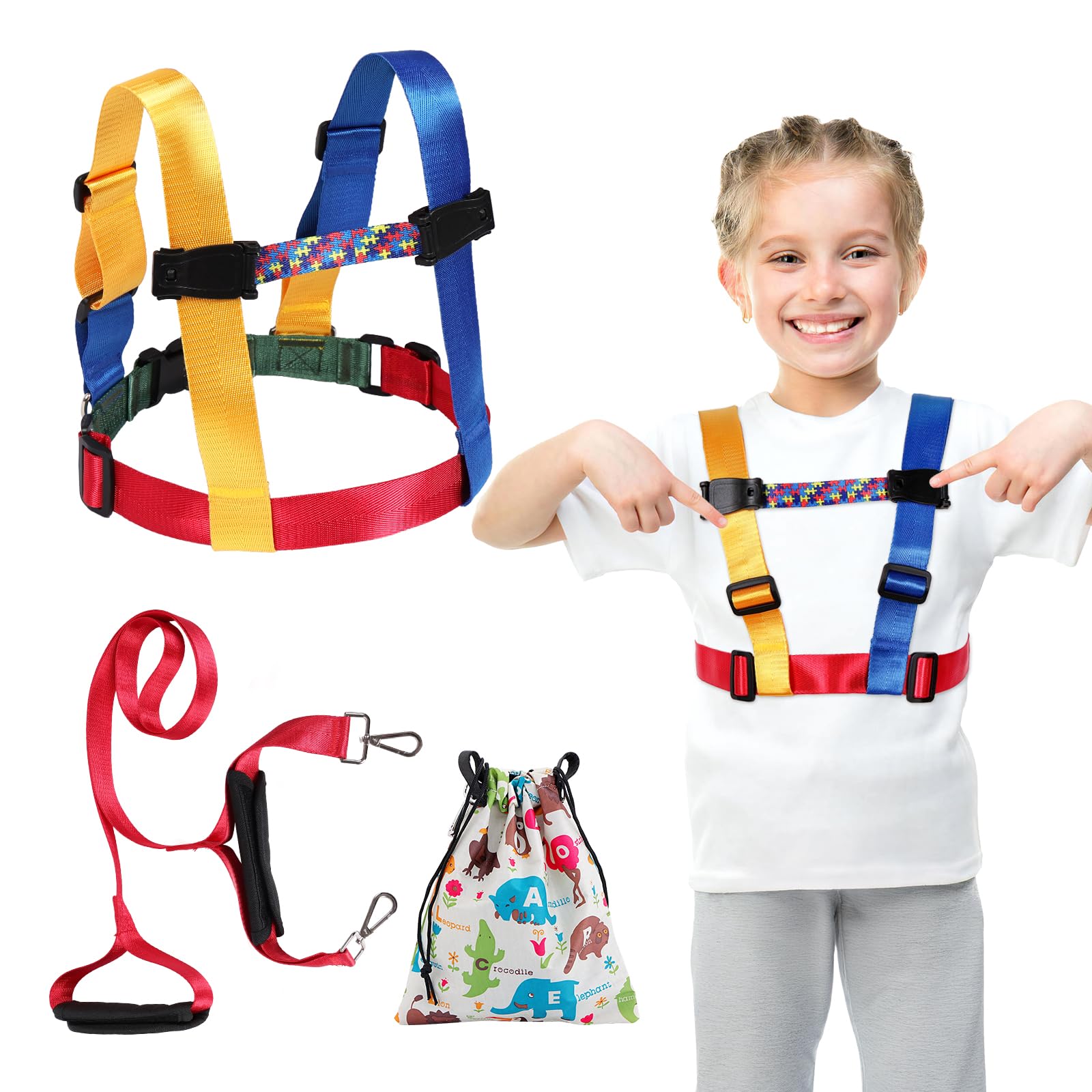 Safety Harness Leash for Active Child (3-6 yrs), Kids Walking Harness with Quick Grab Handle and Pouch, Adjustable Tether for Autism, Special Needs, ADHD ASD Child Colorful Strap with Autism Awareness