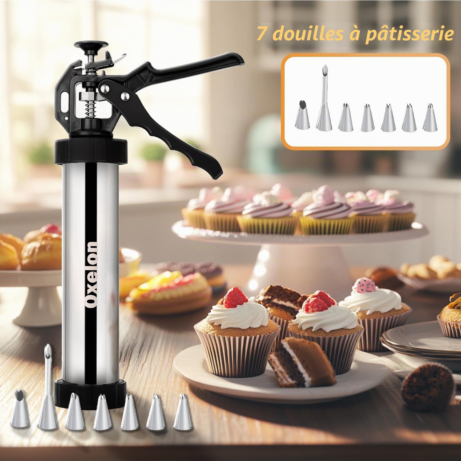 Machine à churros, kit de fabrication de churros en acier inoxydable 21 pièces, pistolet à biscuits, churros creux avec sac à douilles, 7 douilles à pâtisserie, 9 disques à biscuits et 2 pinceaux, kit