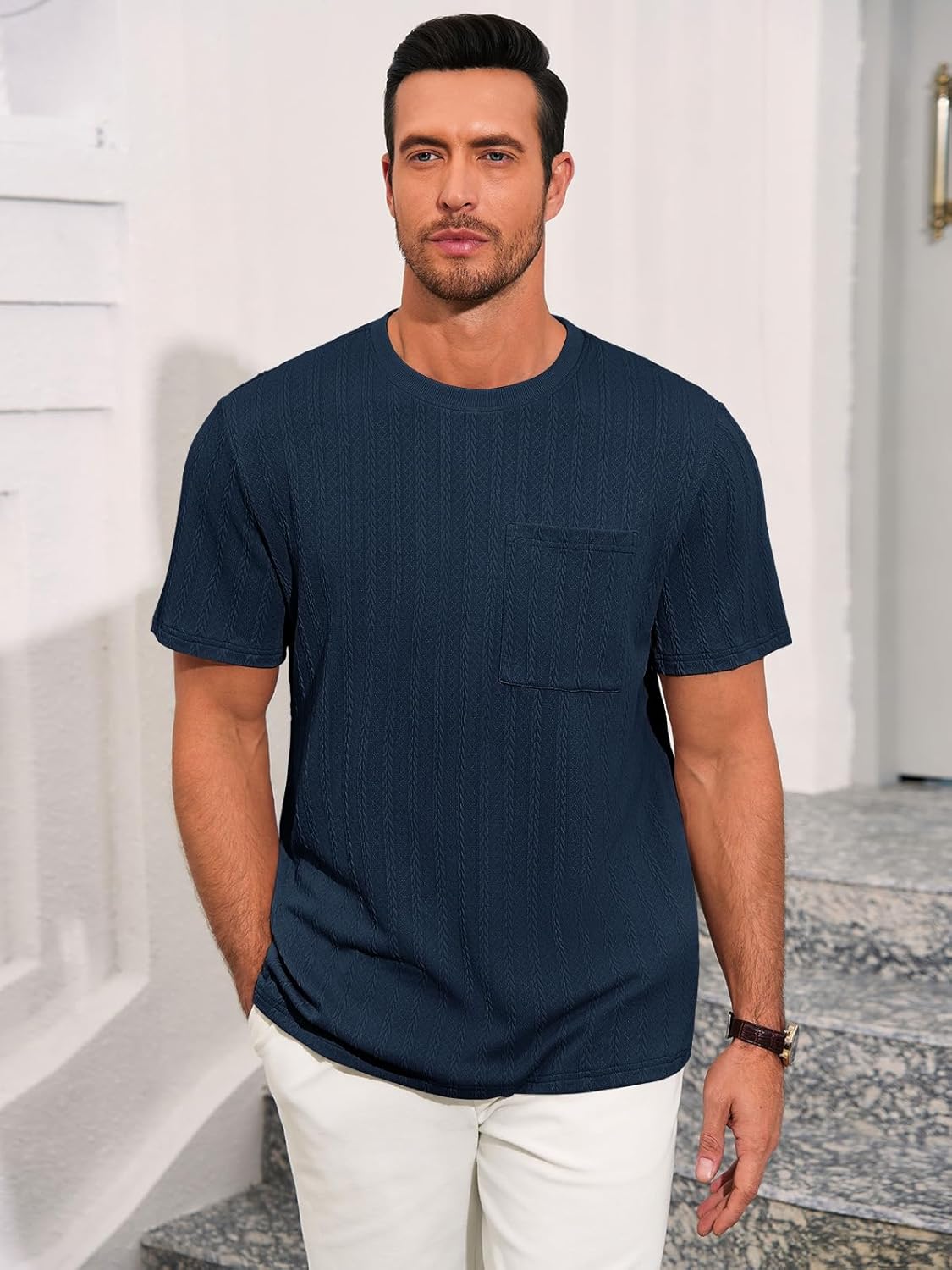 Runcati Mens Short Sleeve T-Shirts Casual Knit Texture Crewneck Pocket Tee Tops Loose Fit Summer Shirt - Image 2