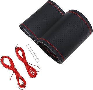 Steering Wheel Cover for Lacing Perforated Black Genuine Leather with 2 Needles 2 Bundles Red Thread for Steering Wheel Diameter 37-38 cm