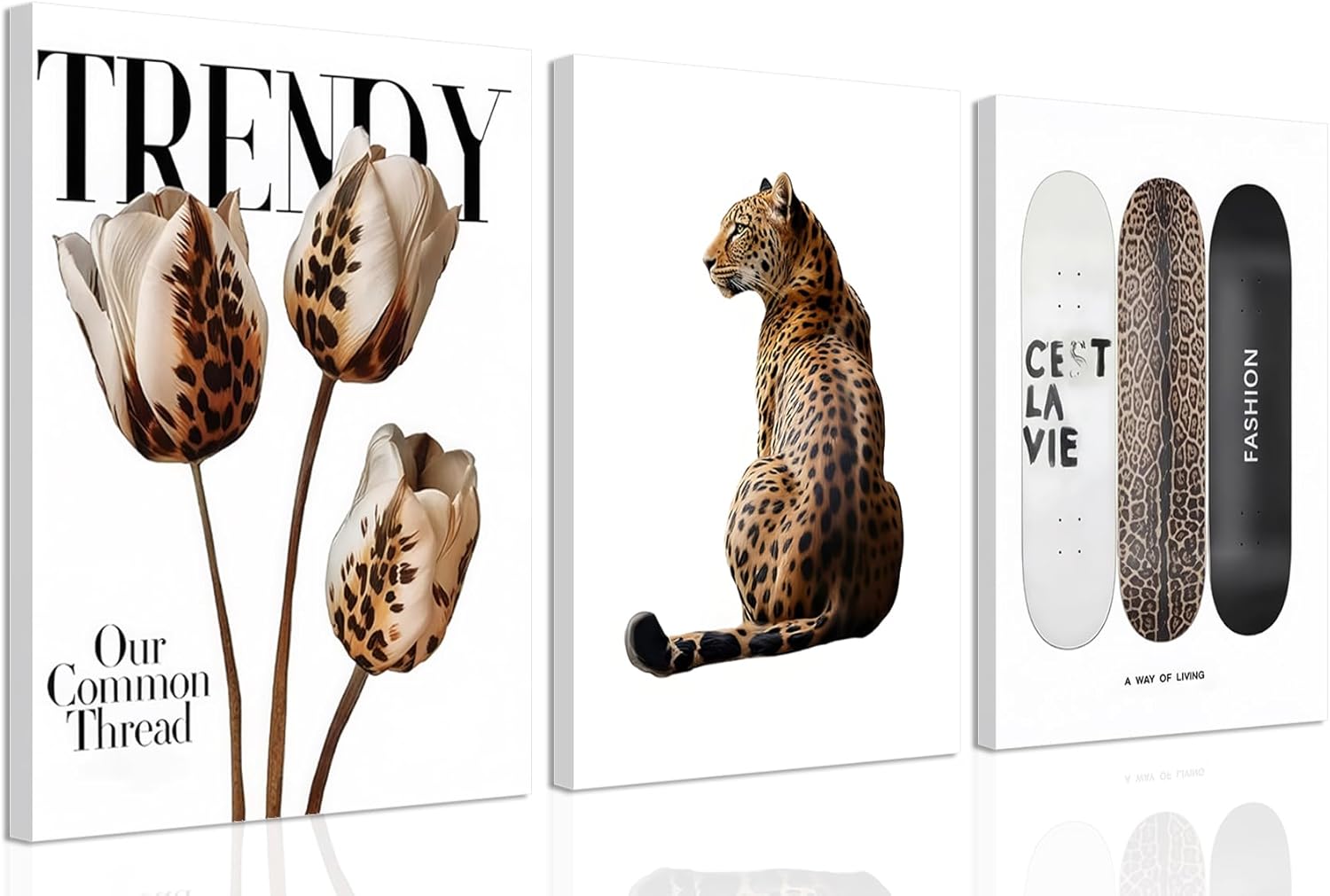 Trendy Leopard Canvas Wall Art Set of 3 Cheetah Printed Preppy Fashion Skateboard Wall Decor Preppy Room Aesthetic posters Prints for Girls Bedroom Apartment Dorm 12x16in Framed Decoration Leopard canvas framed 16x12in