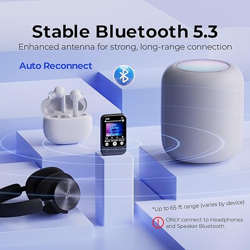 Miniatura 3 de Reproductor MP3 con clip de 64 GB con Bluetooth 5.3, altavoz integrado, pantalla táctil HD de 2 pulgadas, radio FM, grabadora de voz, reproductor de