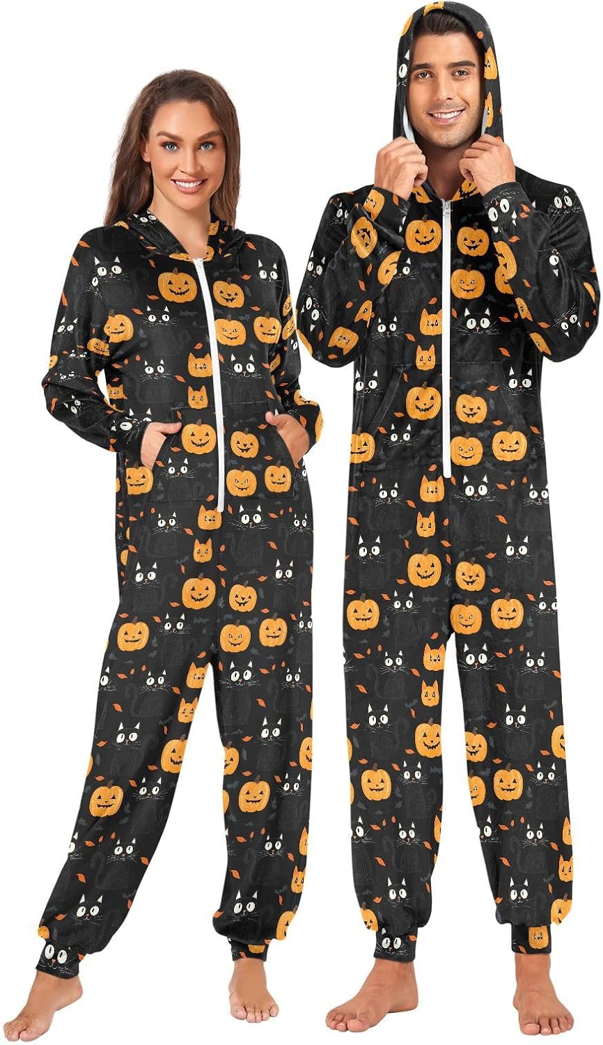 Pumpkin Halloween Black Cat Zipper Hooded Adult Jumpsuit Pajamas with Pockets XS-3XL