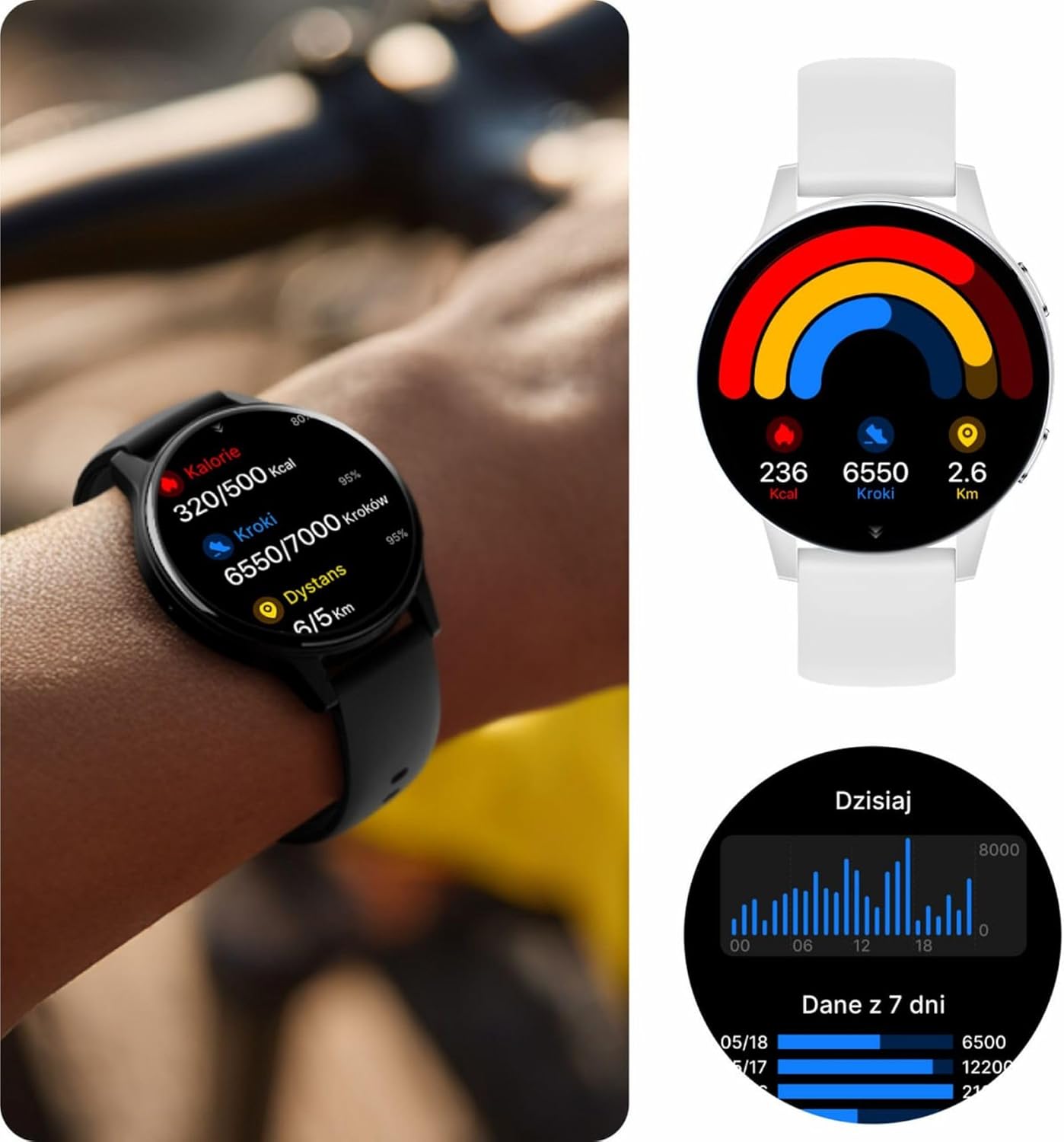 Graphic showing the IP67 waterproof rating with water droplets and the smartwatch.