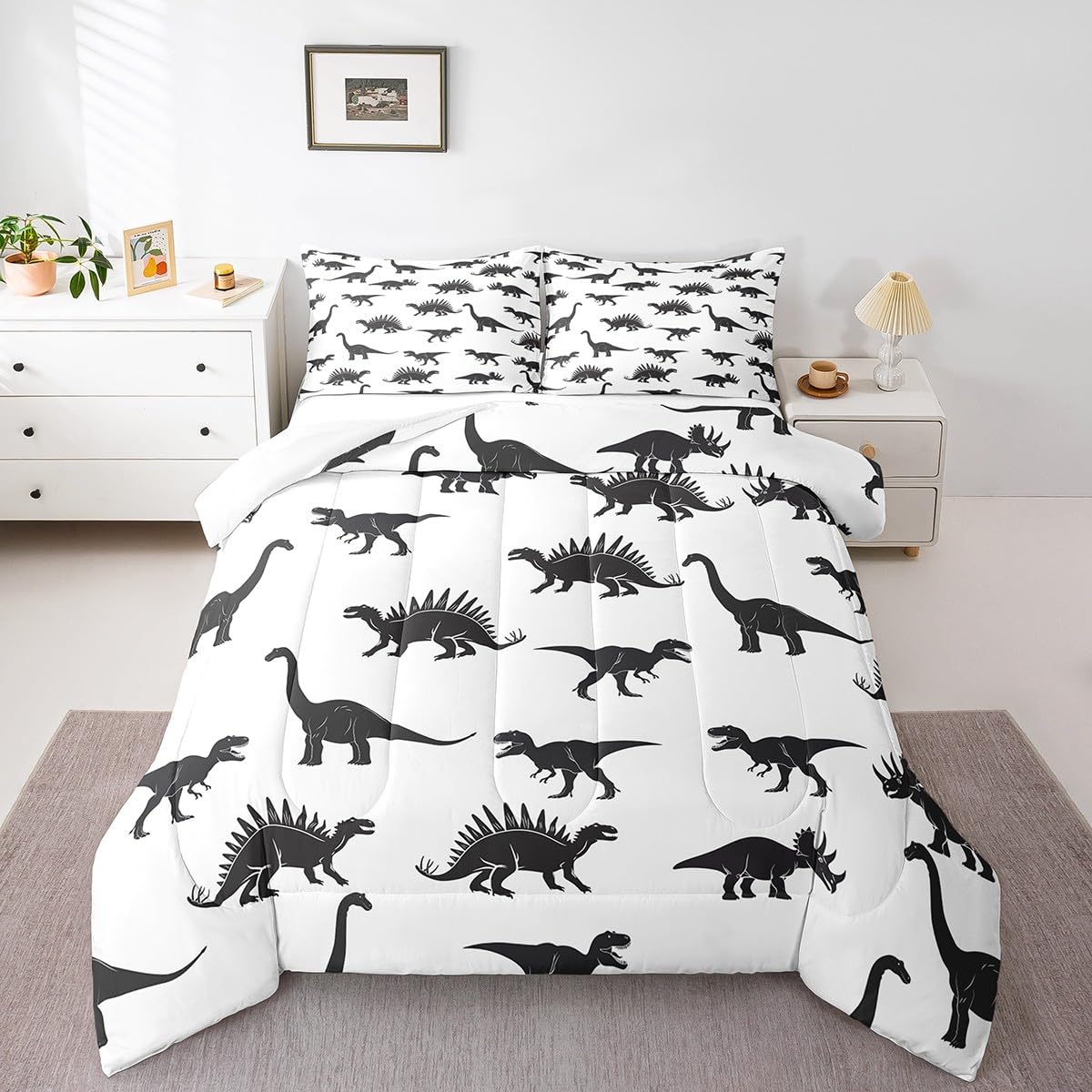 Erosebridal Dinosaur Bedding Set Dino Silhouettes Comforter Set Full Size, Wildlife Animals Black White Quilted Duvet for Kids Boys Teens Adult