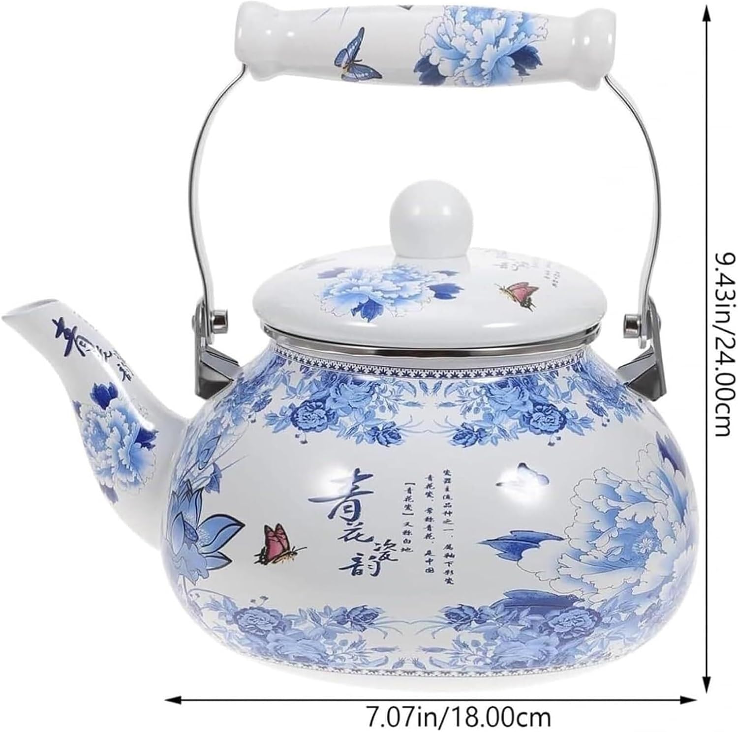 Enamel Teapot, 2.5L Large Blue Floral Vintage Tea Kettle with Ceramic Handle for Gas, Induction, Electric Stove Tops