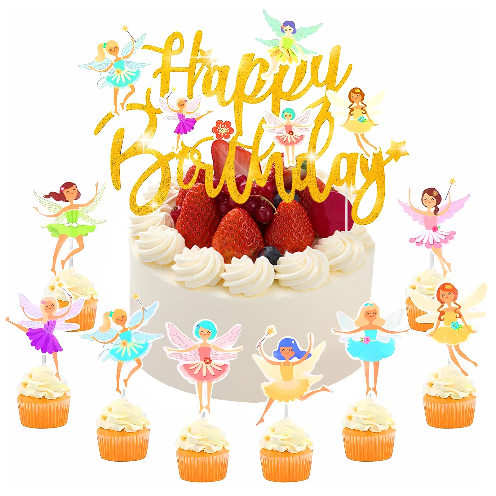 Qiyuda 1 Pack Fairy Cake Topper with 8 Pcs Ballerina Cupcake Topper Decorations, Birthday Ballet Fairy Cake Glitter Garden