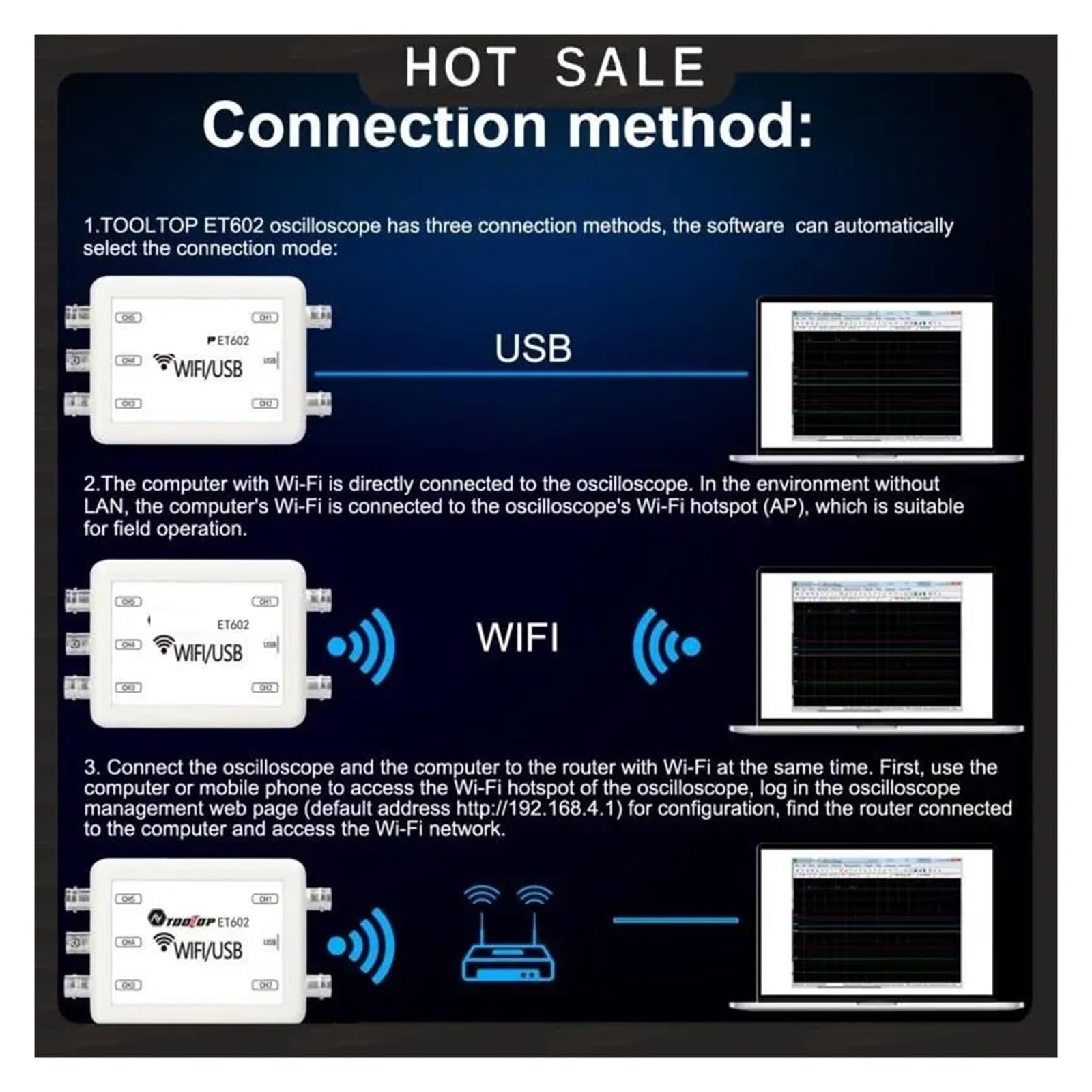 Osciloscopio digital, Osciloscopio digital USB de 5 canales ET602, sistema análisis y visualización síncrono
