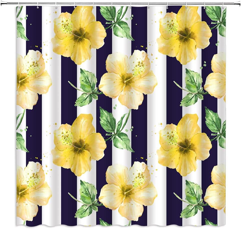 Yellow Flower Stripes Shower Curtain Bloom Hibiscus Floral Green Leaves Spring Garden Blue and White Striped Creative Bathroom Decor Fabric Set with Hooks(70" Wx96 H)
