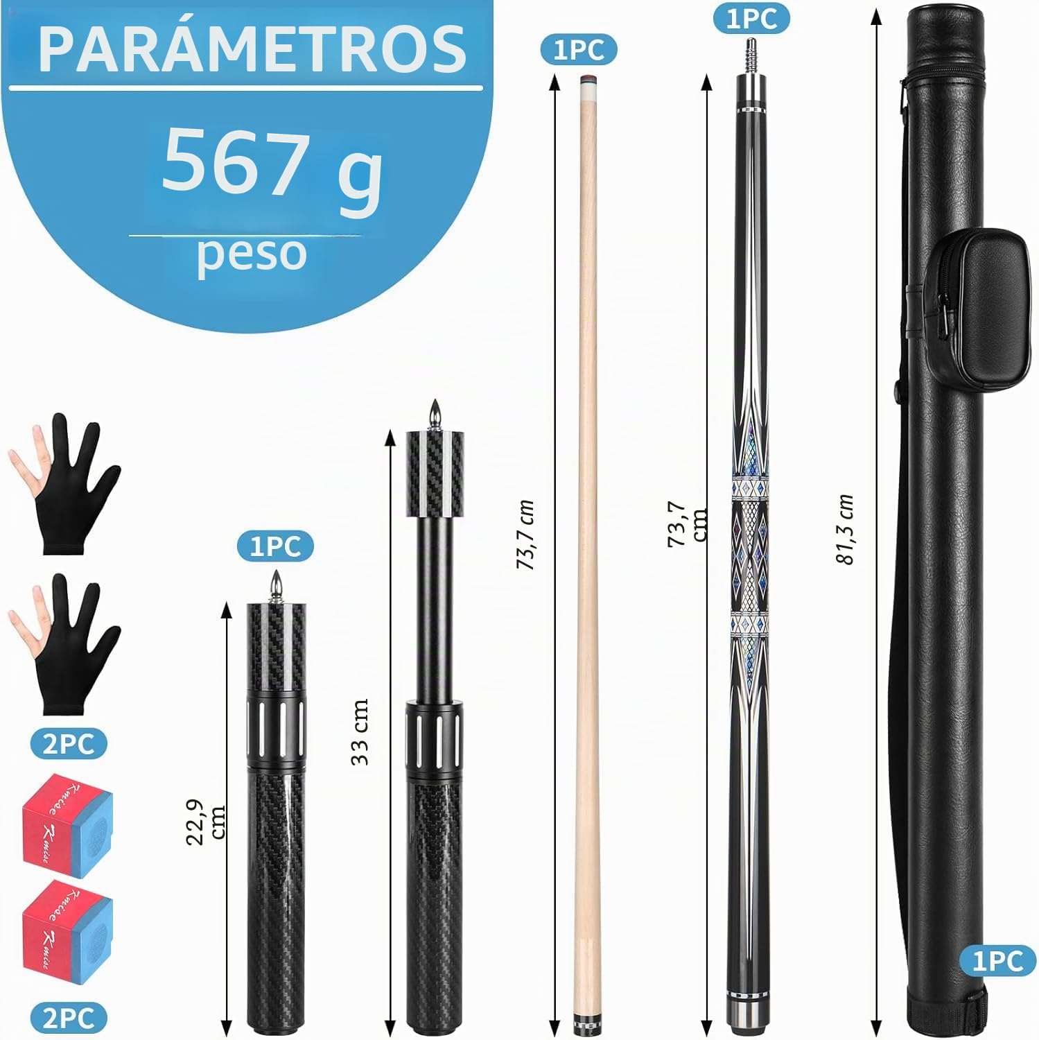 Kmise Taco de Billar de 58 Pulgadas, 19~21 onzas con Taco de extensión de Fibra telescópica, Juego de Tacos de Billar Profesionales Hechos a Mano con Estuche de Cuero para Tacos, Tiza y Guantes