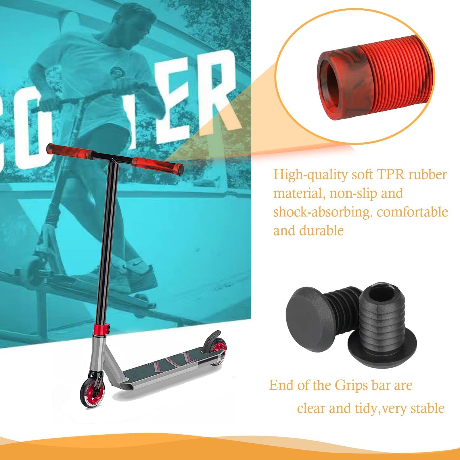 ALUSCOTA Manopole Per Manubrio 145mm Morbide TPE Antiscivolo Con Bar End | Per Scooter, MTB, BMX, Bici Da Corsa