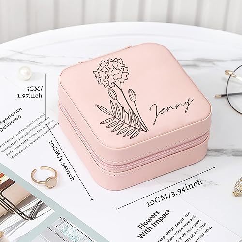 Miniatura 2 de Joyero personalizado, joyero pequeño de viaje personalizado con nombre y mes de la flor de nacimiento, para anillos, aretes, collar, pulsera,