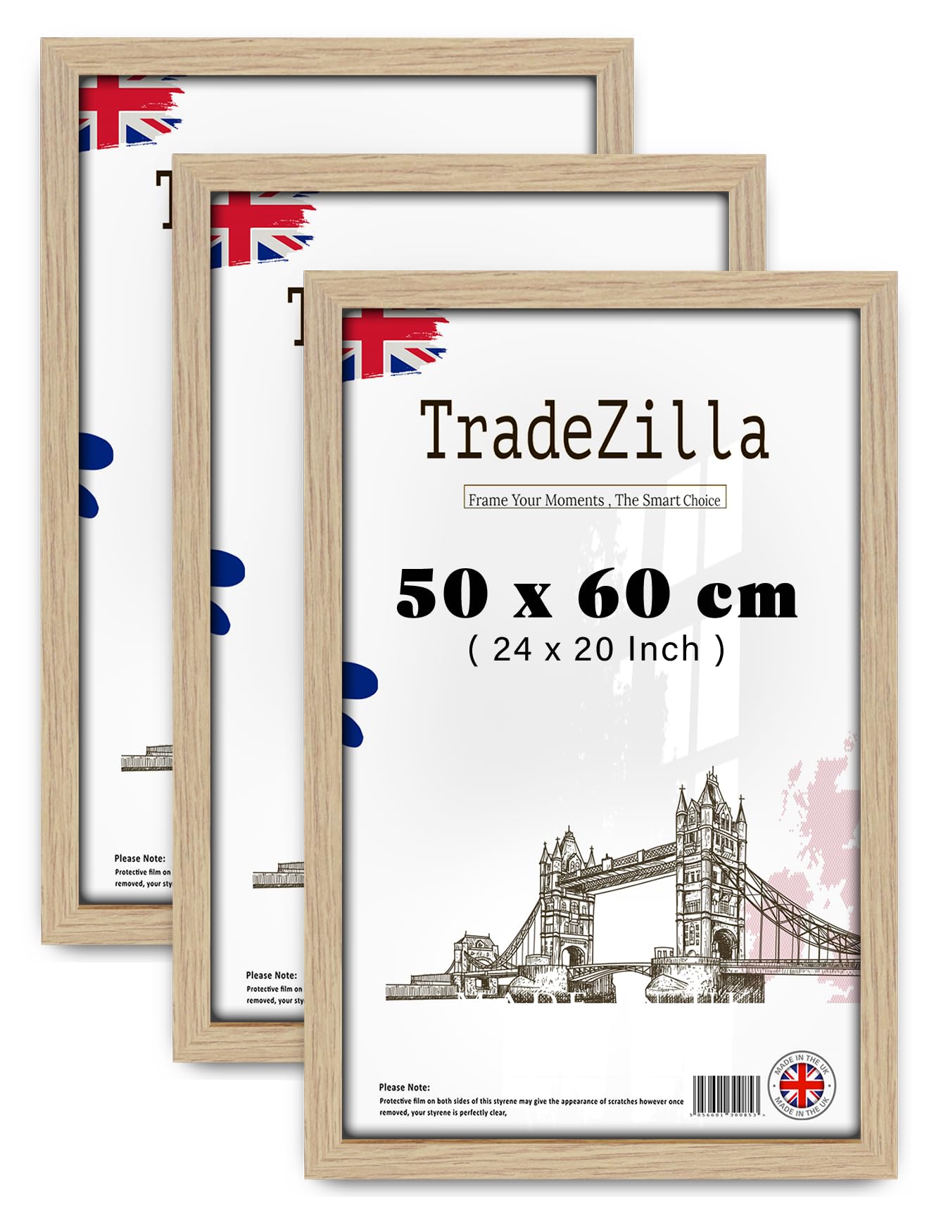 TradeZilla pack of 3 Modern Oak 24 x 20 Inch Poster Frame - 500 x 600 mm Engineered Wood, Easy Installation with Clips & Hangers (50 x 60 CM) [ Oak ]