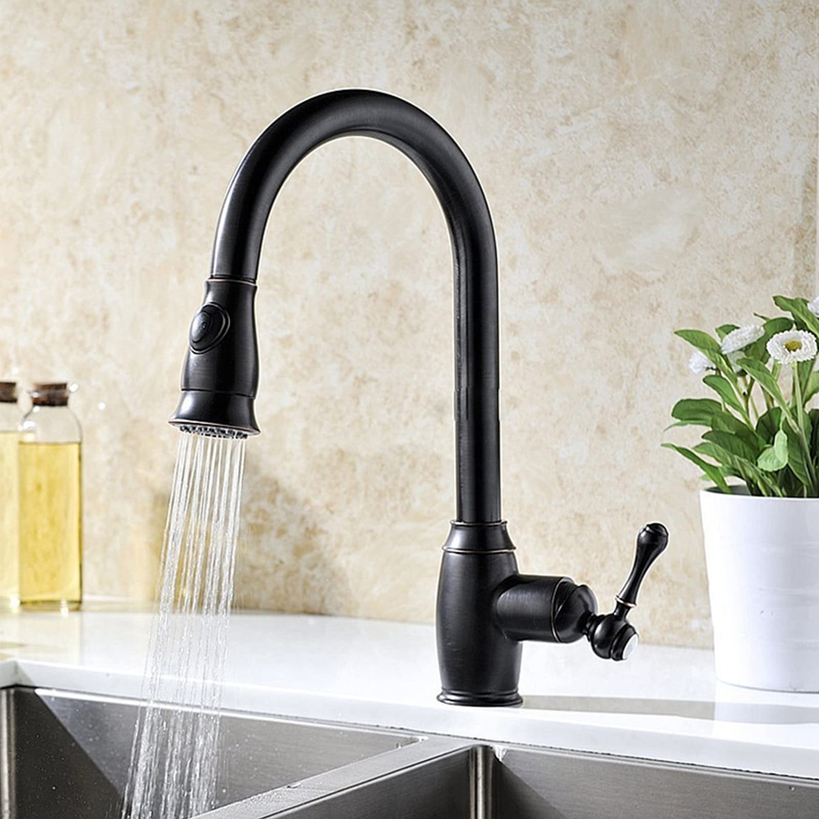 Robinet de cuisine avec douchette extractible et bec rotatif en laiton durable