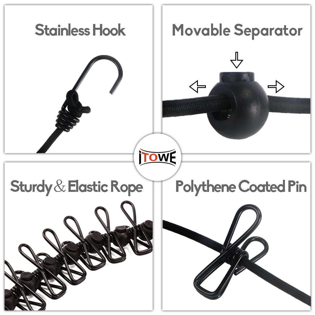 iTOWE 2Pack Portable Clothesline with 12 Pins Travel Clothesline