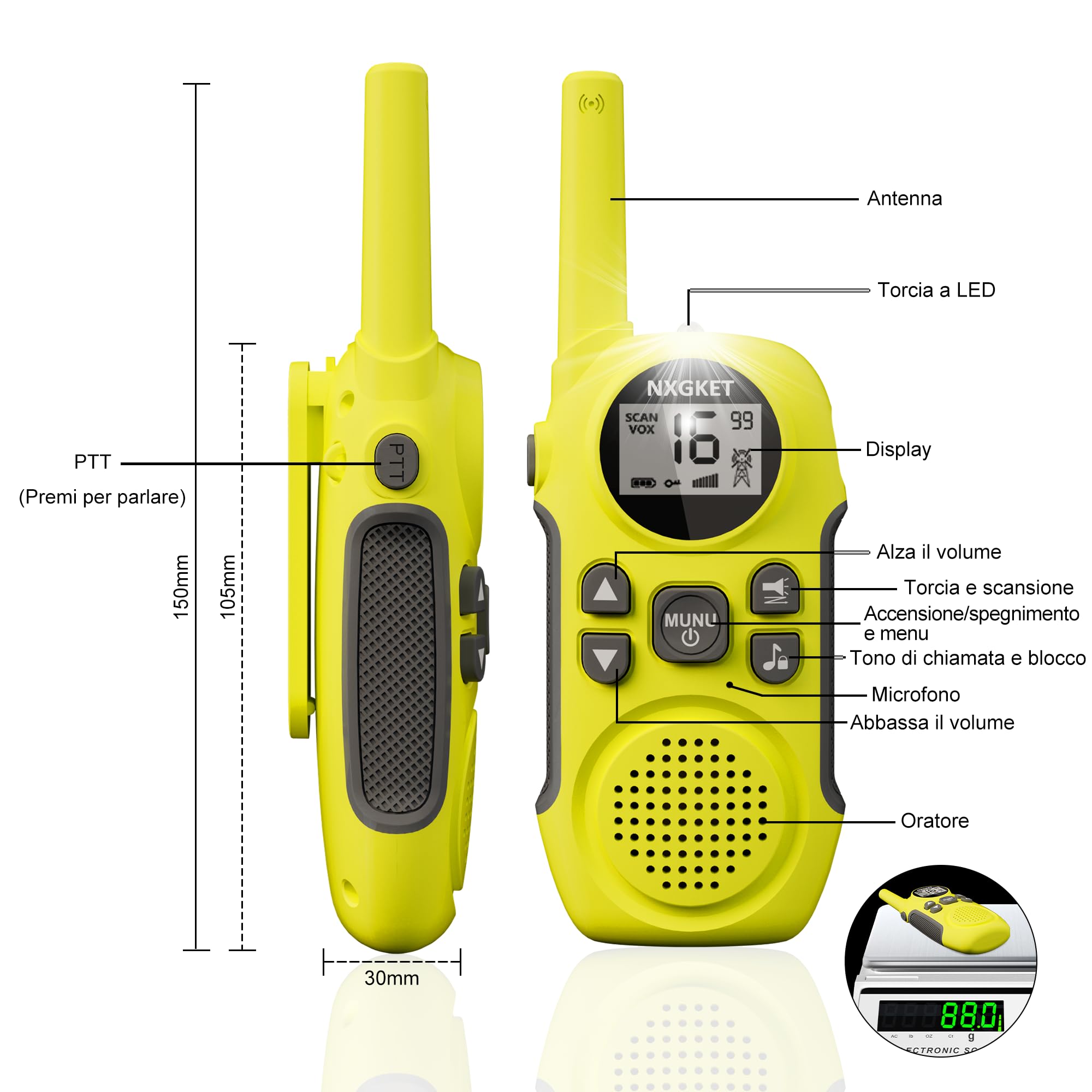 Walkie Talkie Professionali Ricaricabili per Bambini,NXGKET Radioline Woki Toki 16 Canali,Batteria Integrata,Con Torcia per Giochi all'aperto Campeggio Escursionismo,Regali per 3-12 Ragazze o Ragazzi