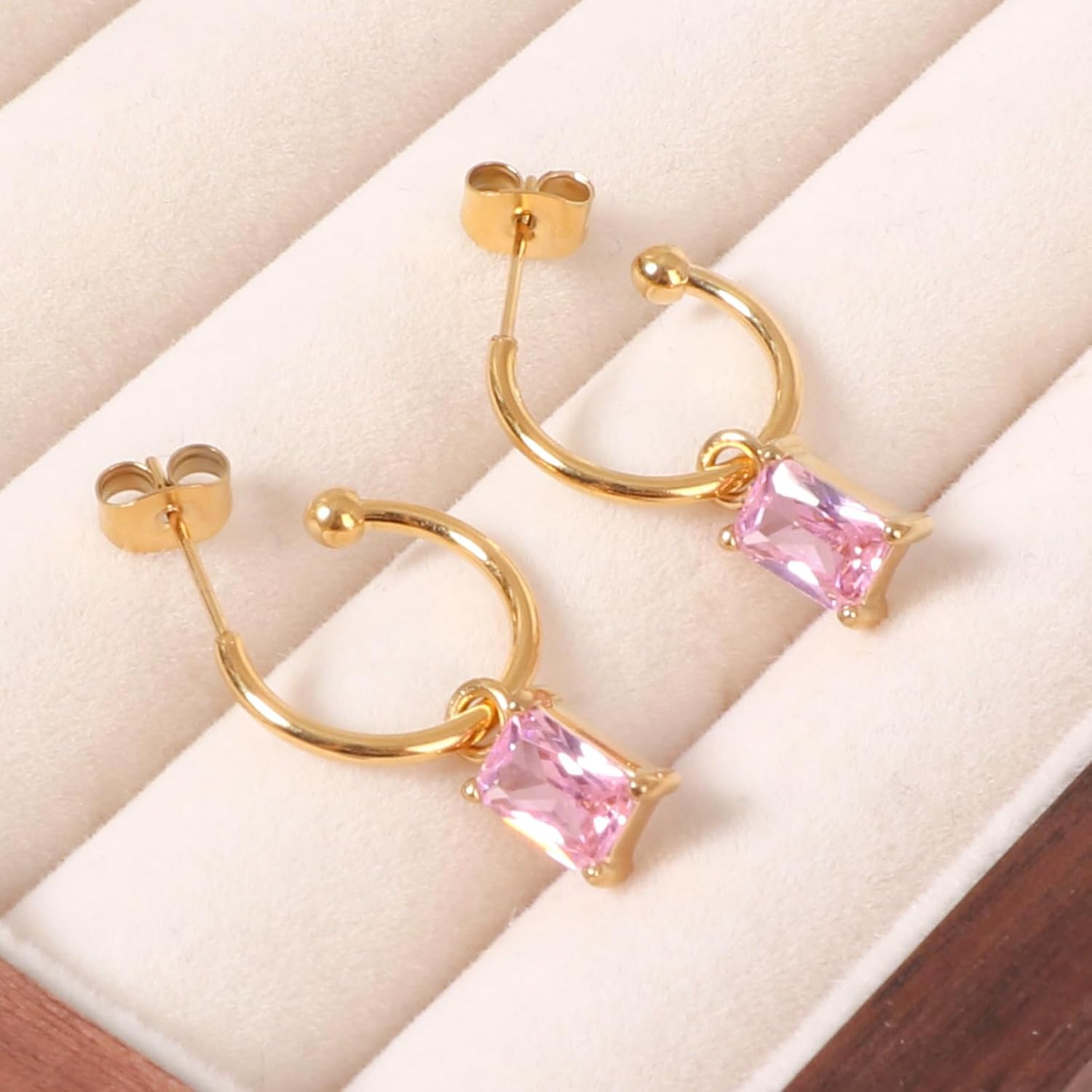 4 * 6mm Emerald-cut Birthstone Dangle Earrings for Women 18K Gold Plated Delicate CZ Earrings Pefect Birthday Gift for Female - Image 3