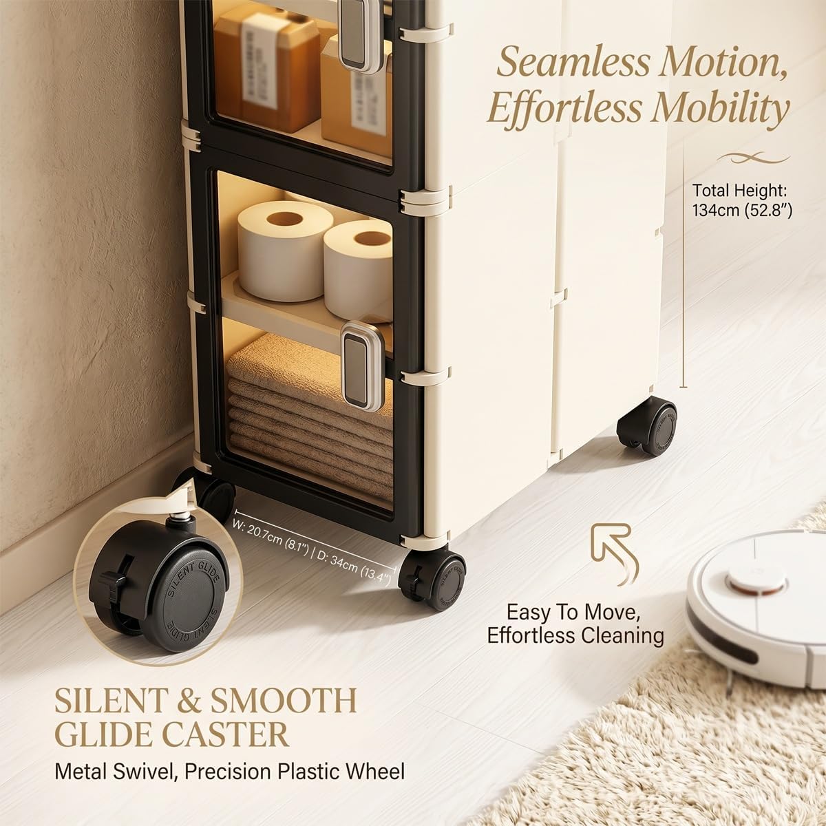 Slim Bathroom Storage Cabinet, Foldable Narrow Rolling Storage Cart with Wheels, No Assembly Ready to Use, Splash Proof Design for Small Spaces(B,20.7x34x70cm/8.2x13.4x27.6)