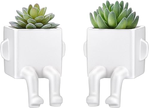 Suculentas falsas en macetas de cerámica blanca de forma humana moderna con patas colgantes, bonitas plantas falsas para decoración de estantes,