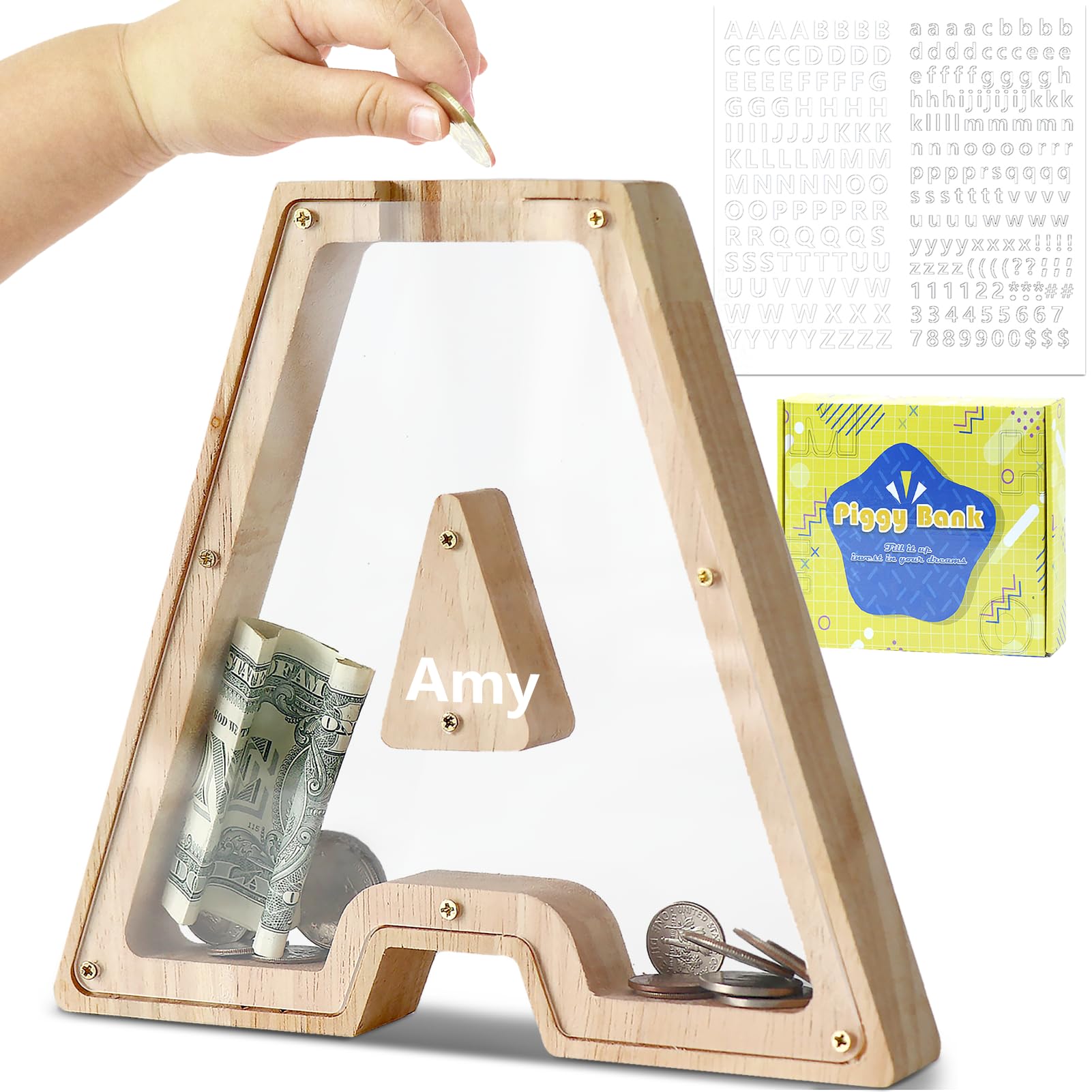 Dbpbtou Boys A Money Box For Kids Piggy Bank, Personalised Wooden Letter Money Box For Birthday Gift/Home Decoration/Keepsake (A)