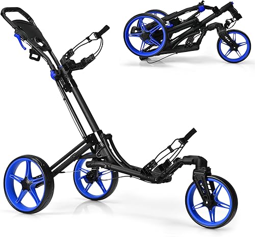 Miniatura 1 de GYMAX Carrito de golf plegable con rueda delantera giratoria, carrito de golf ajustable de 3 ruedas, carrito de golf compacto fácil de plegar para