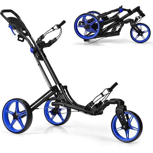GYMAX Folding Golf Push Cart with Swivel Front Wheel, 3 Wheel Adjustable Golf Pull Cart, Easy Folding Compact Golf Trolley for Clubs