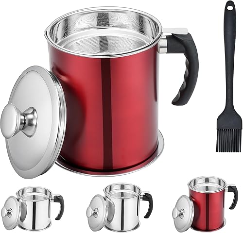 Kaemi Recipiente de grasa de tocino de 2.2 L 74 onzas con colador, atrapador de aceite rojo para almacenamiento de aceite para cocina con tapa y